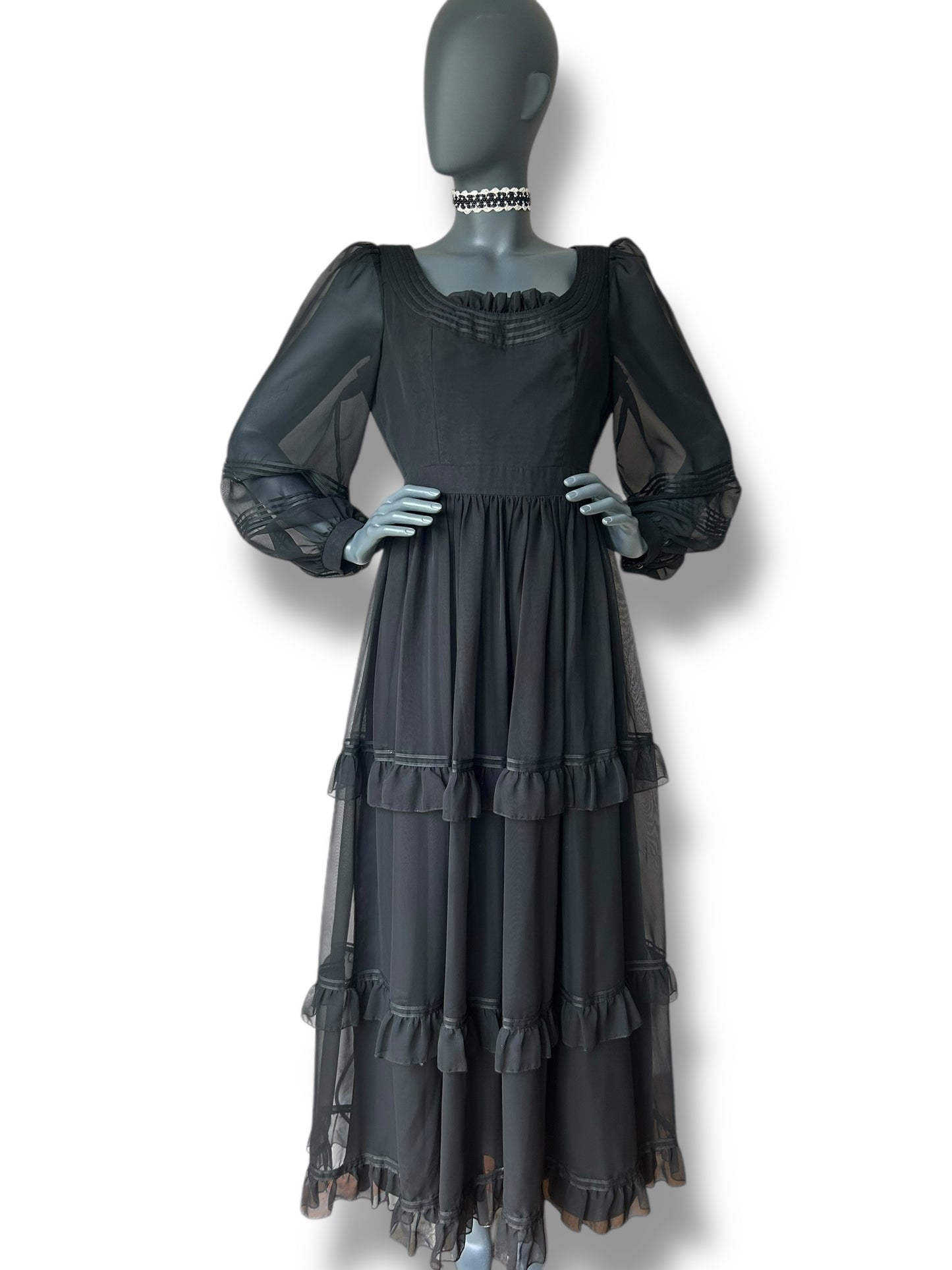 Vintage 1970s Silk Chiffon Ruffle Gown