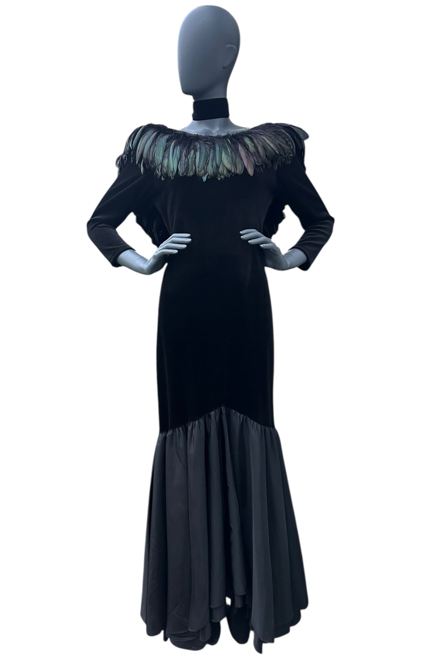 Vintage 1980s Ann Green Velvet and taffeta feather collar dress.