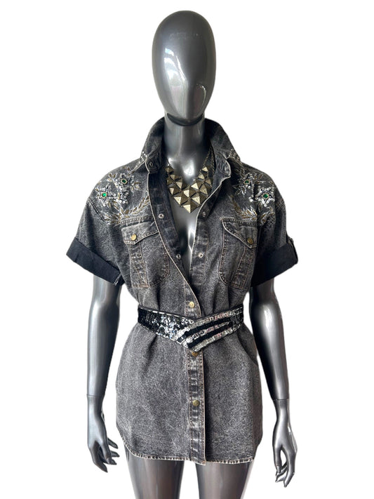 Vintage Grey Denim Jewelled Rodeo Shirted