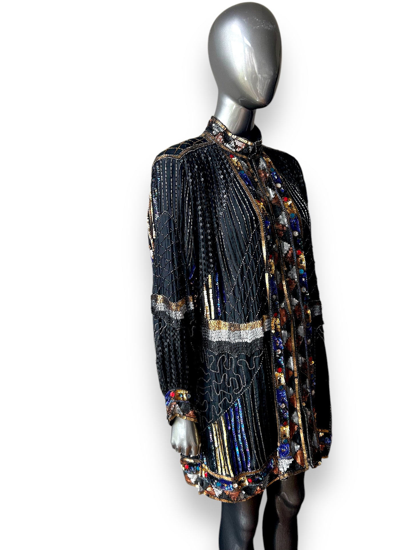 Vintage 1980s Frank Usher Art Deco Sequin Embellished Ornamental Cocktail Statement Jacket