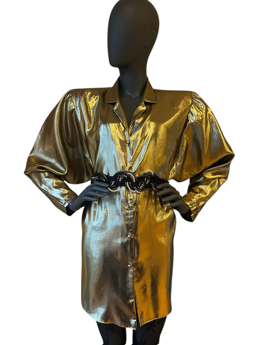 Vintage 1980s Gold Lamé Shirt Dress