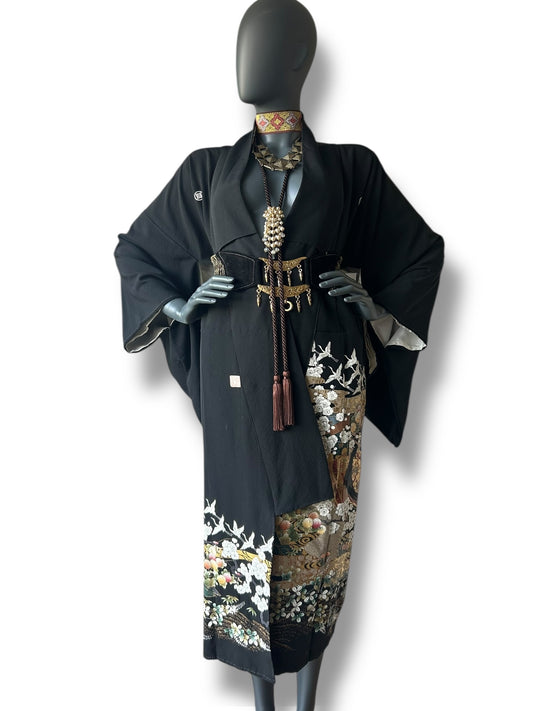 Vintage Black Silk Painted Kimono