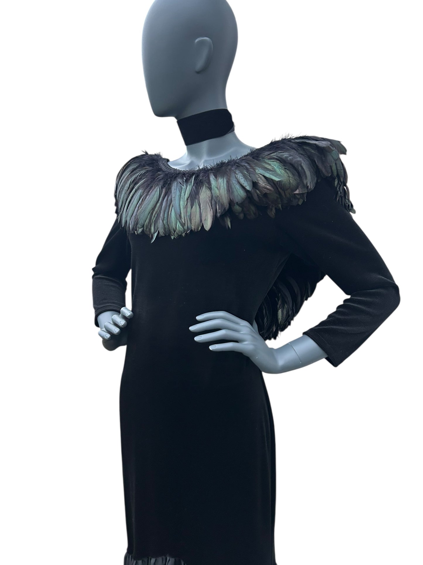 Vintage 1980s Ann Green Velvet and taffeta feather collar dress.