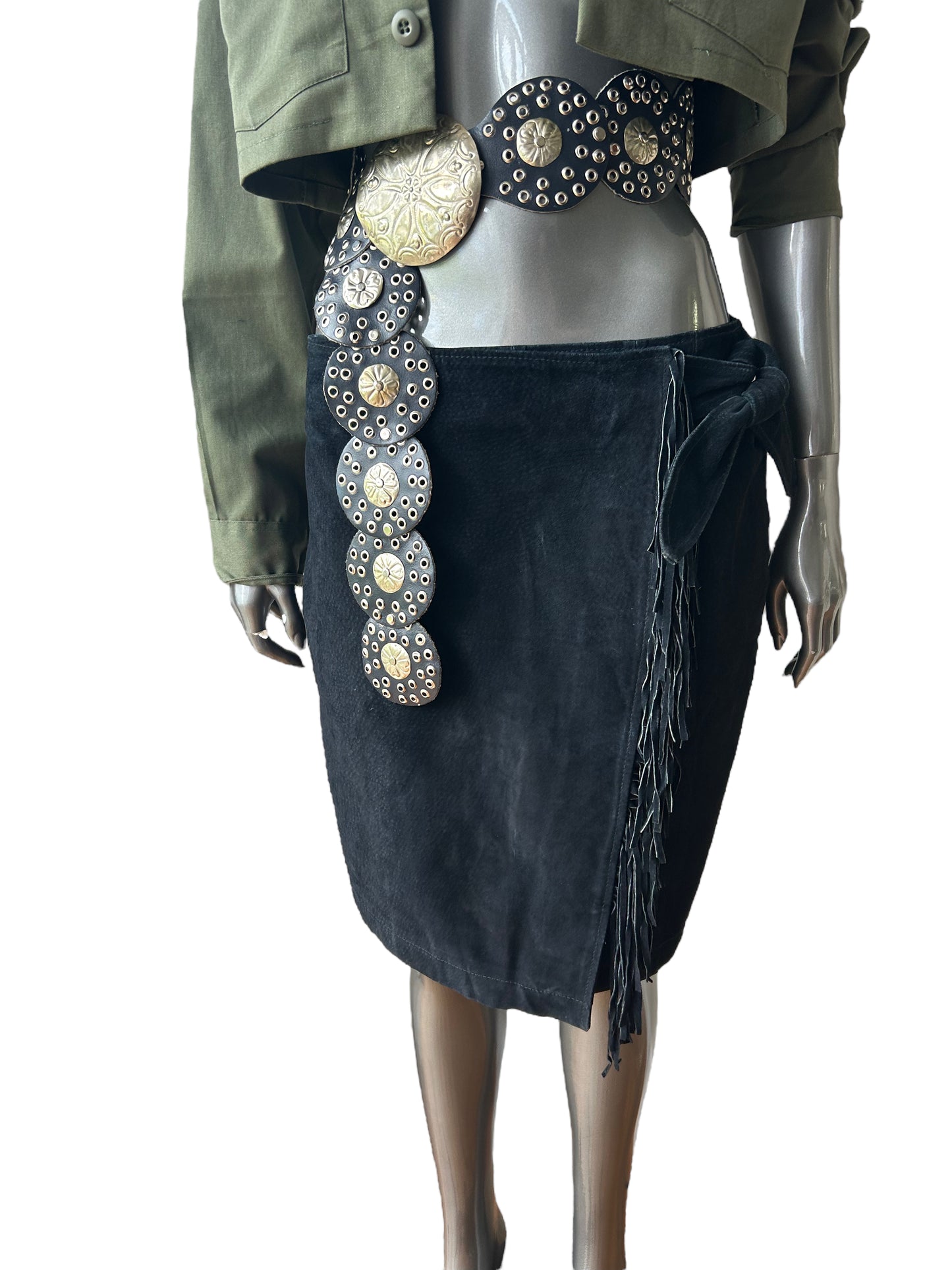 Vintage Black Suede Skirt with Tassel Detail