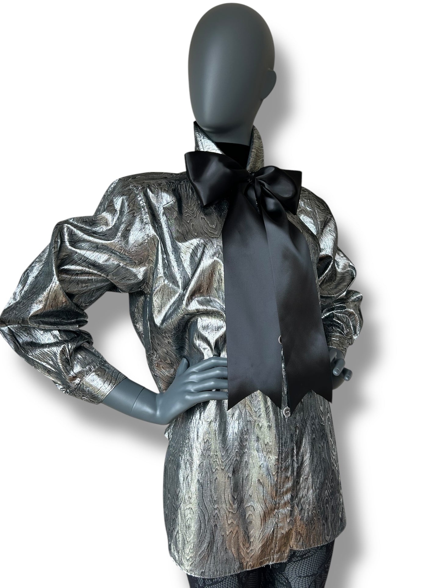 Vintage 1980s Silver Lamé Cocktail Shirt and Satin Bow