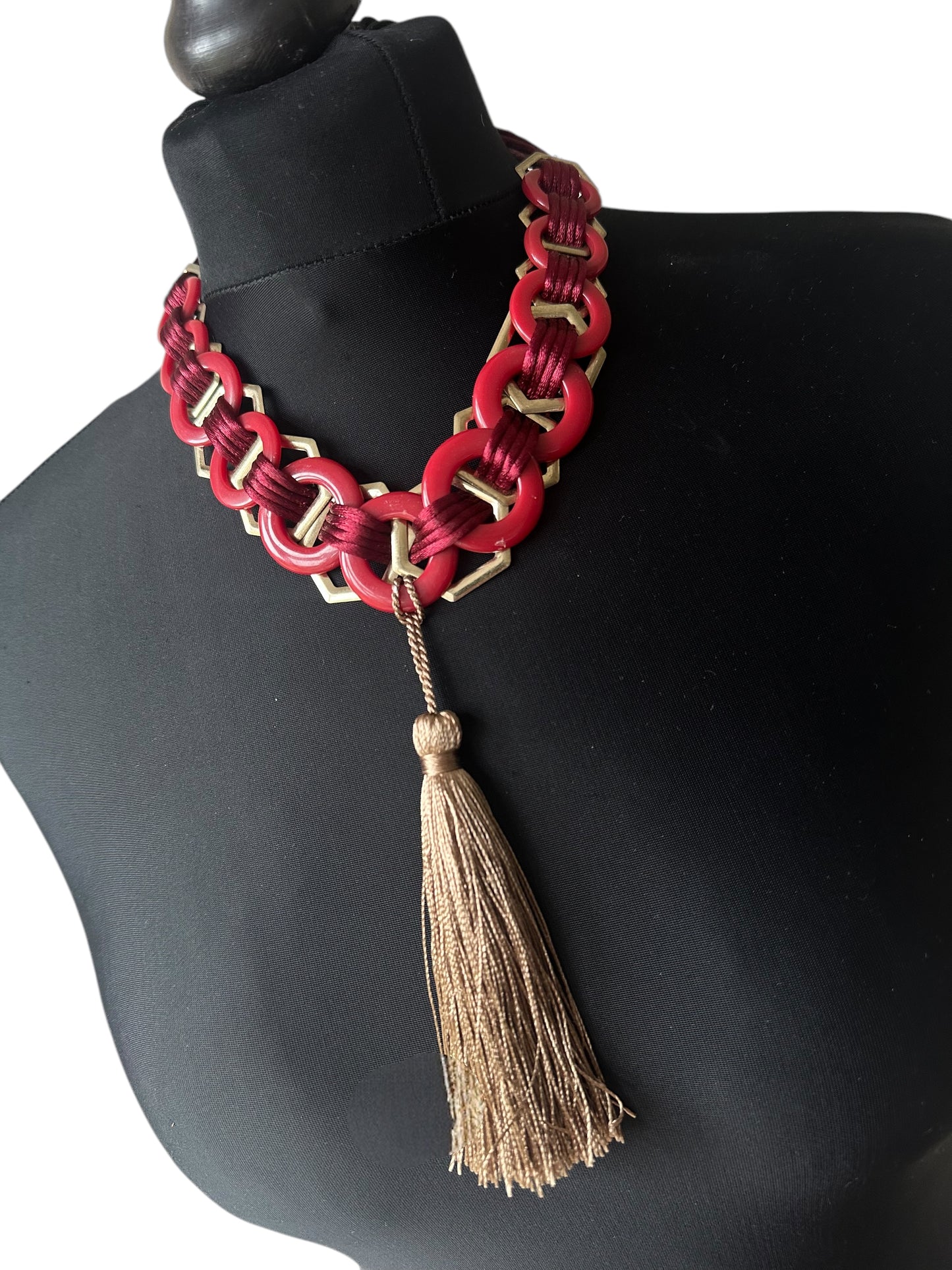 Artisanal red and and tassel choker necklace