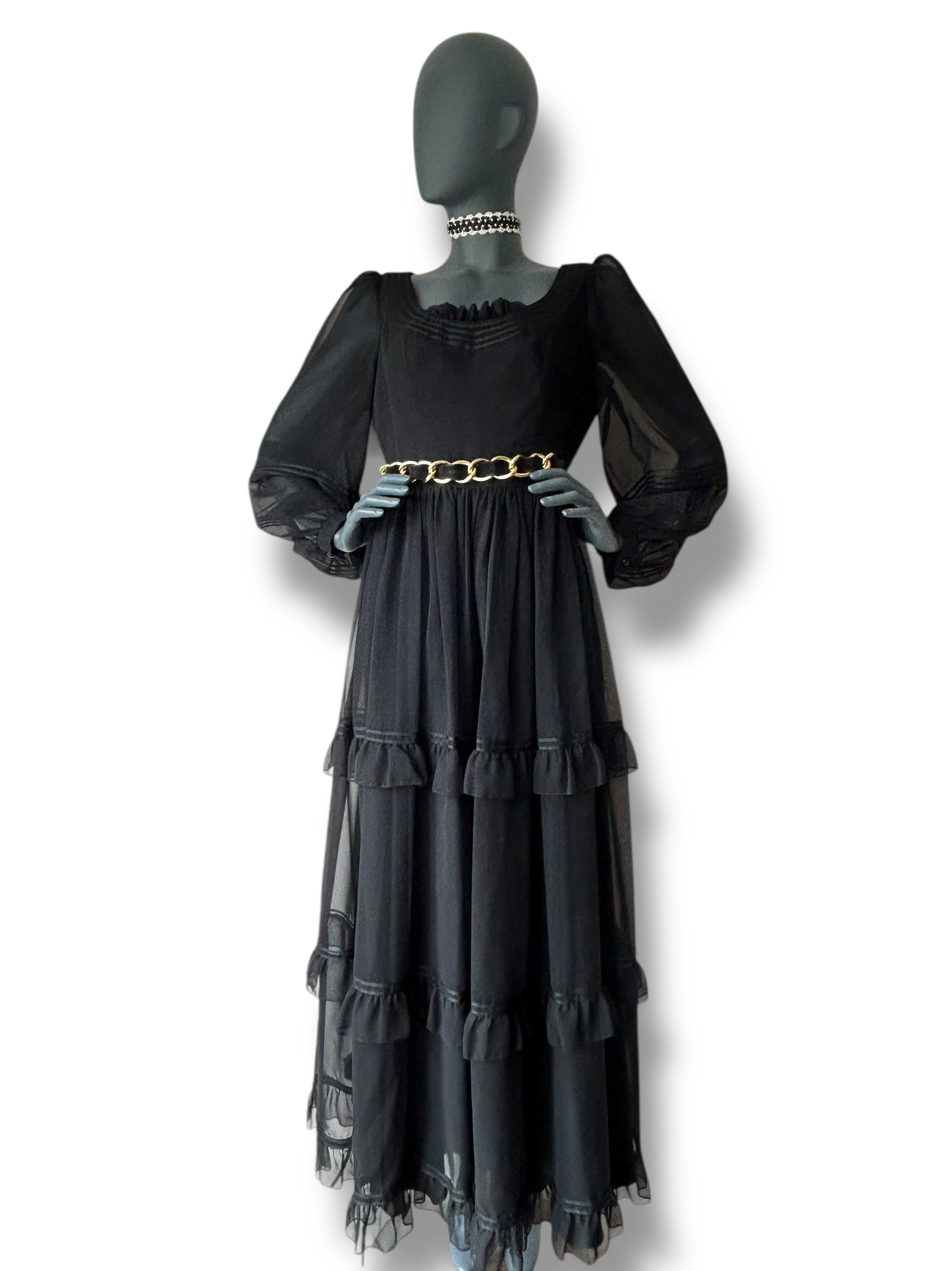 Vintage 1970s Silk Chiffon Ruffle Gown