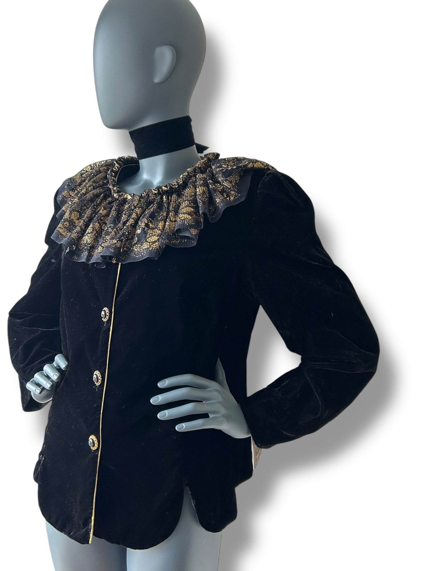 Vintage Black Velvet Blazer with Gold Lame Frill Collar