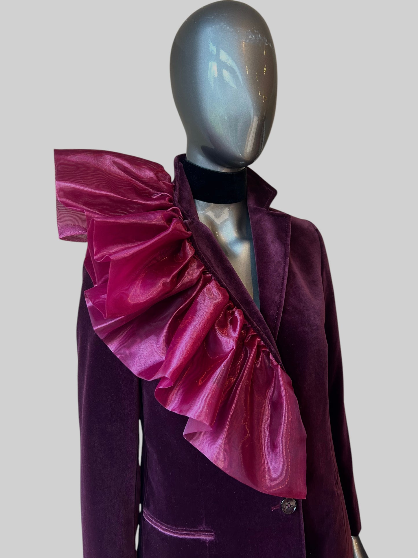 Vintage Burgandy 70s Organza Frill Velvet Blazer