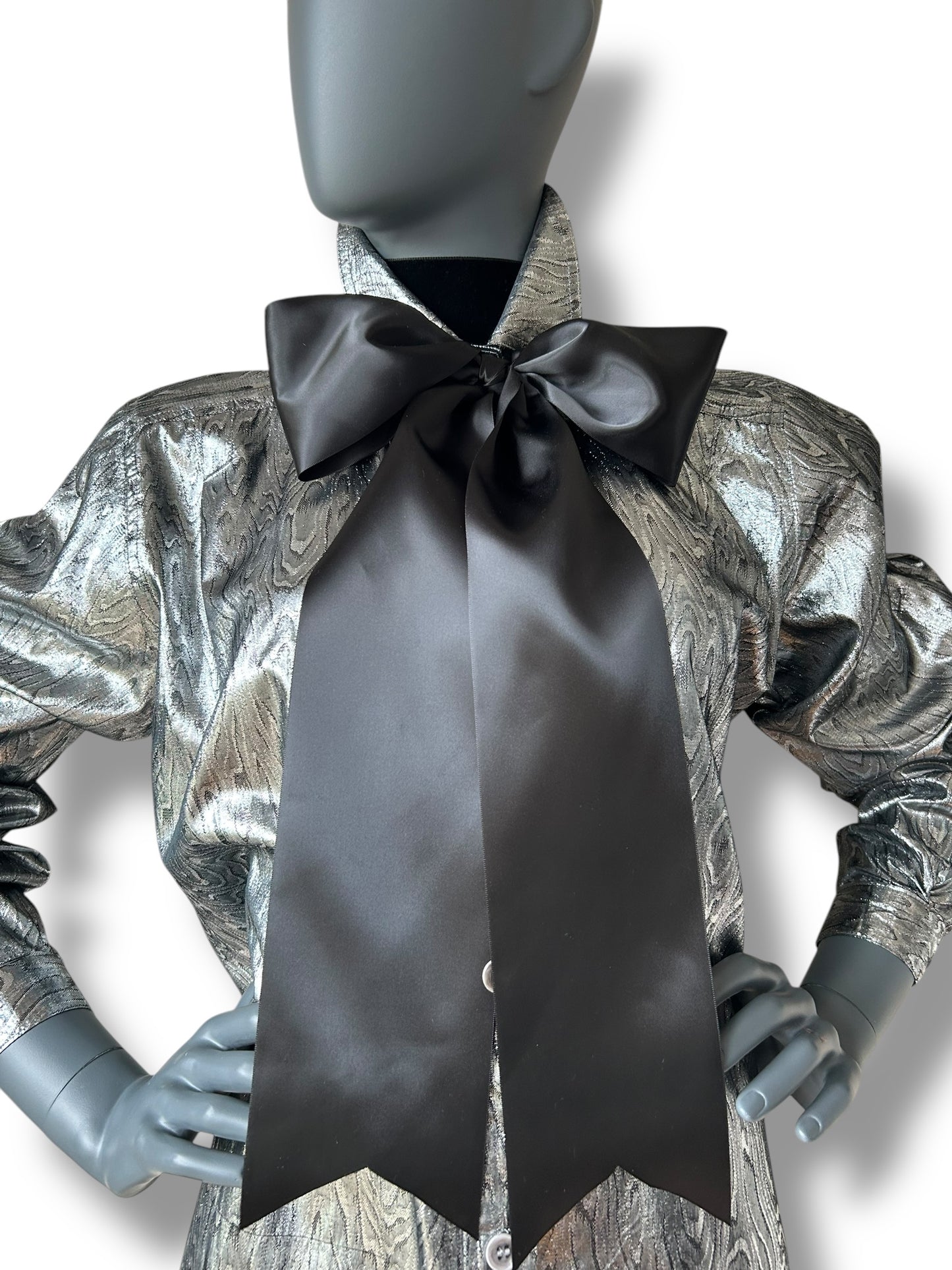 Vintage 1980s Silver Lamé Cocktail Shirt and Satin Bow