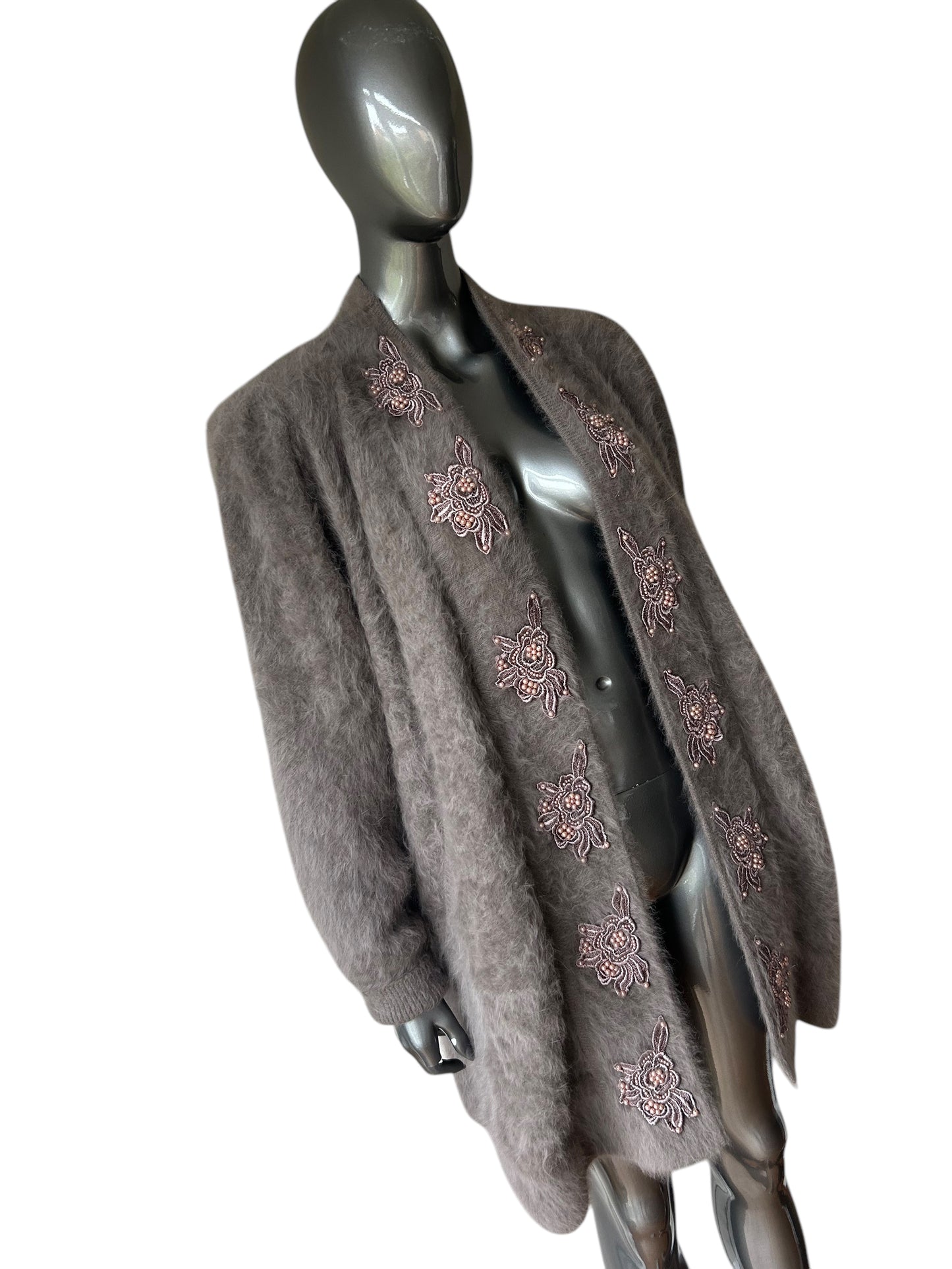 Vintage 1989/ Taupe grey plush angora pearl and lace embellished coat with pockets