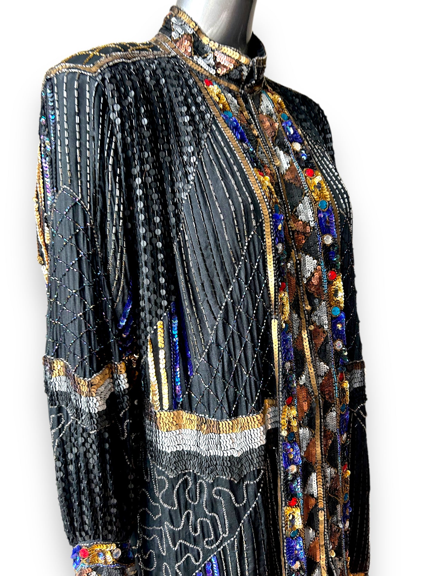 Vintage 1980s Frank Usher Art Deco Sequin Embellished Ornamental Cocktail Statement Jacket