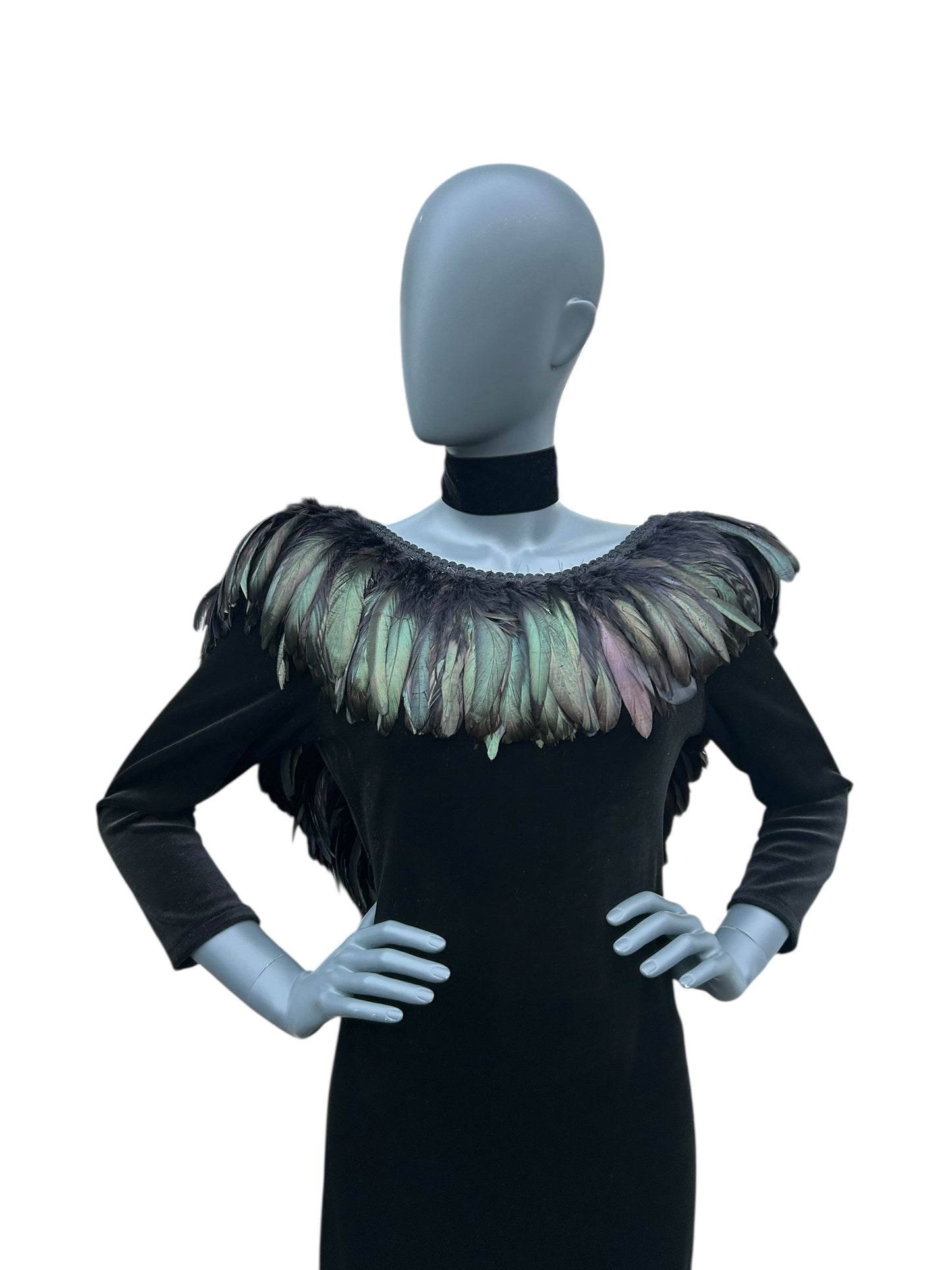 Vintage 1980s Ann Green Velvet and taffeta feather collar dress.