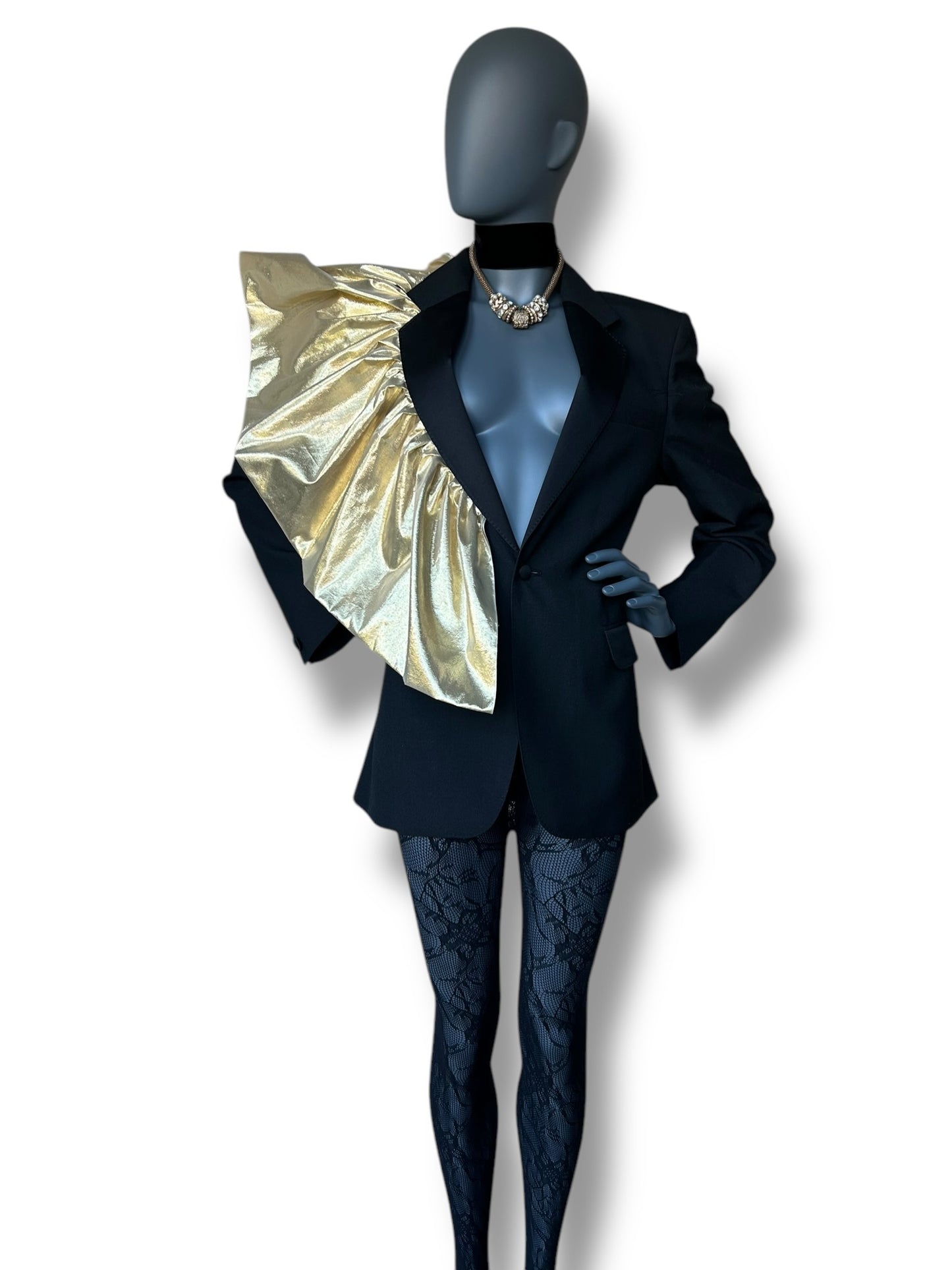 Redefined Vintage Tuxedo Blazer and Silk Gold Lamé Dramatic Couture Ruffle