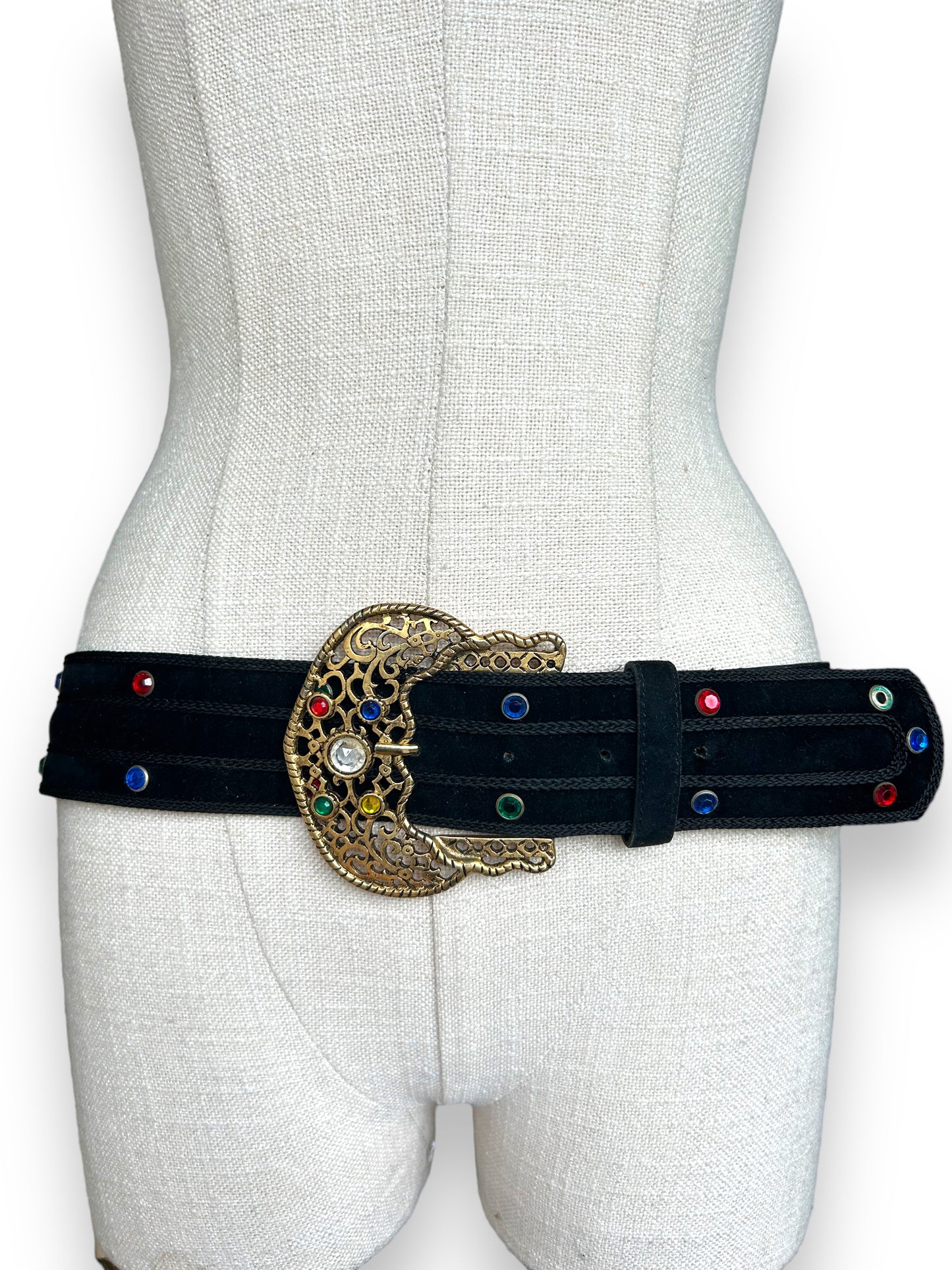 Vintage 1980s Oversized Wide Jewel Faux Suede Avant Garde Statement Belt