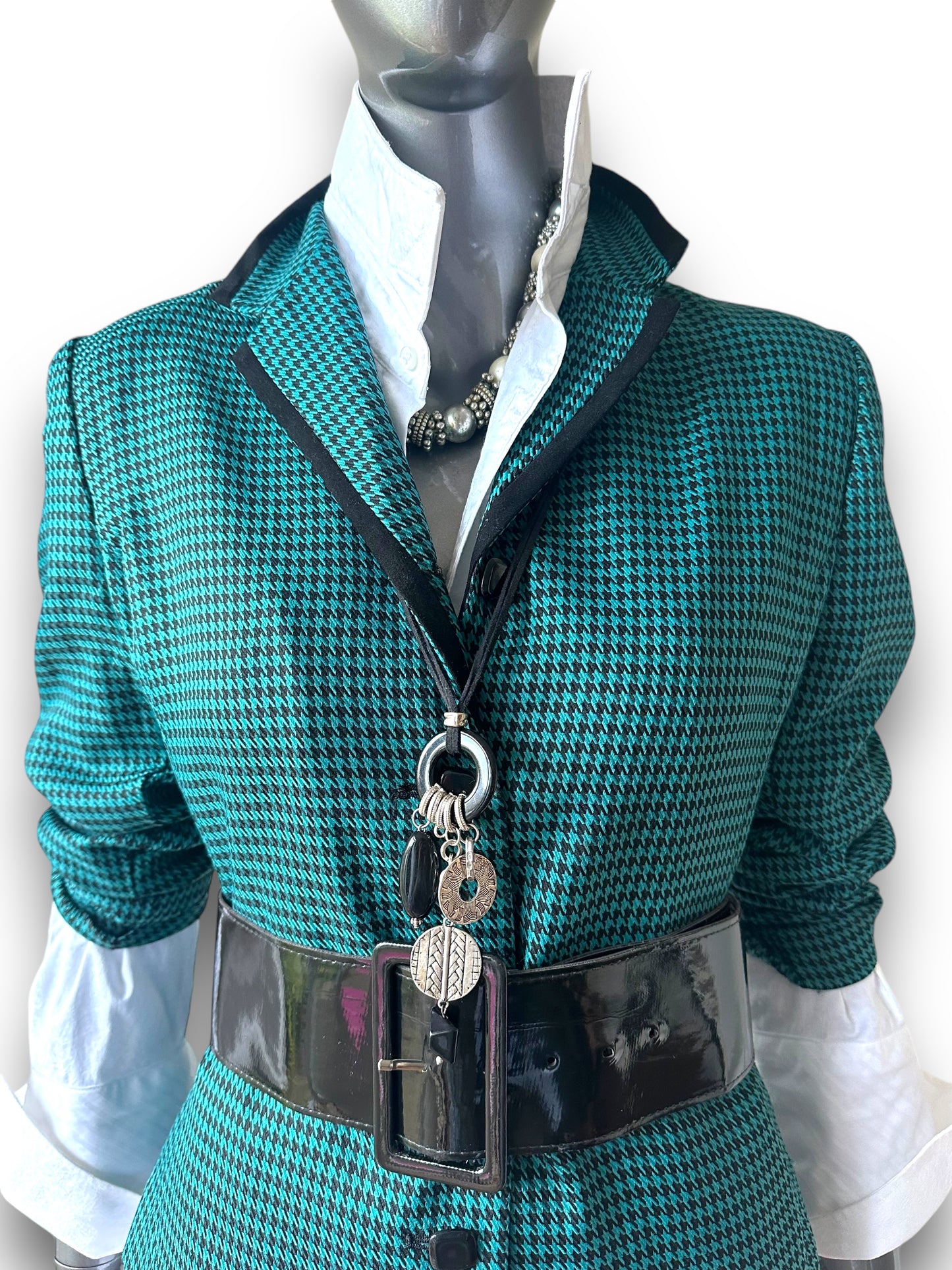 Vintage 1970s Green and Blaclk Houndstooth Blazer