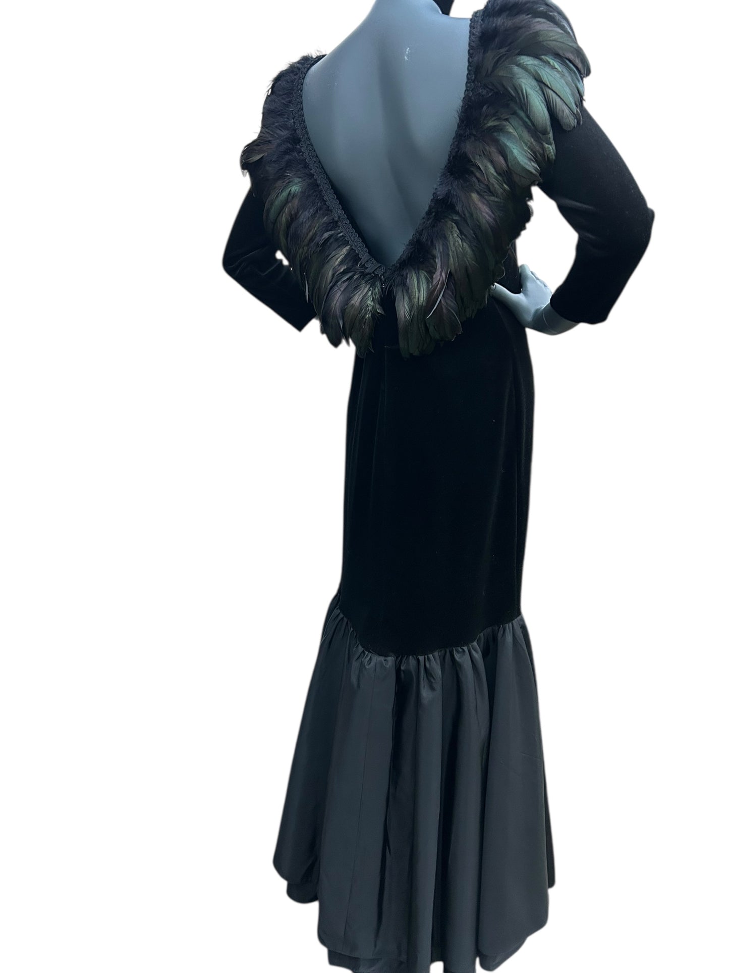 Vintage 1980s Ann Green Velvet and taffeta feather collar dress.