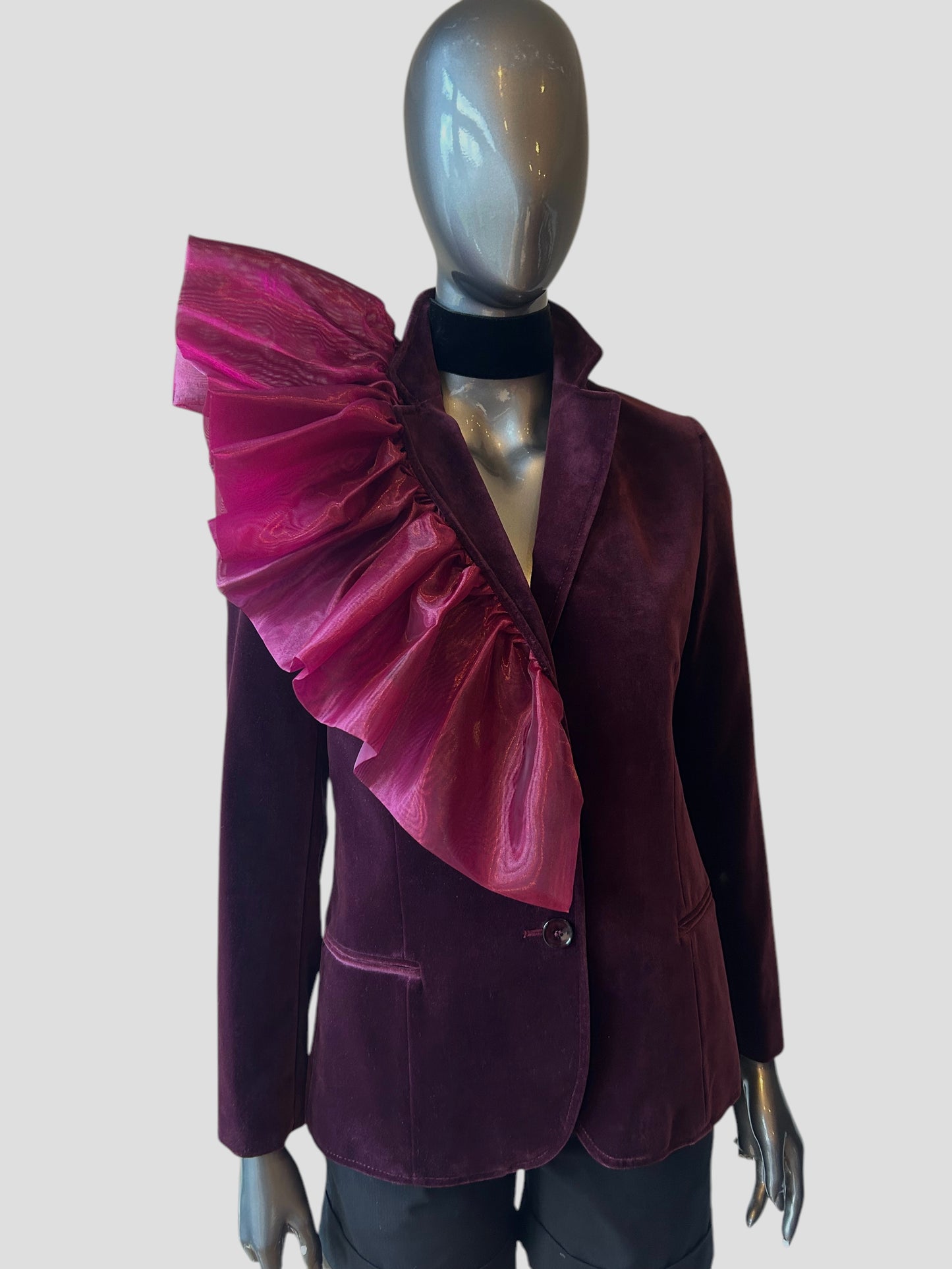 Vintage Burgandy 70s Organza Frill Velvet Blazer