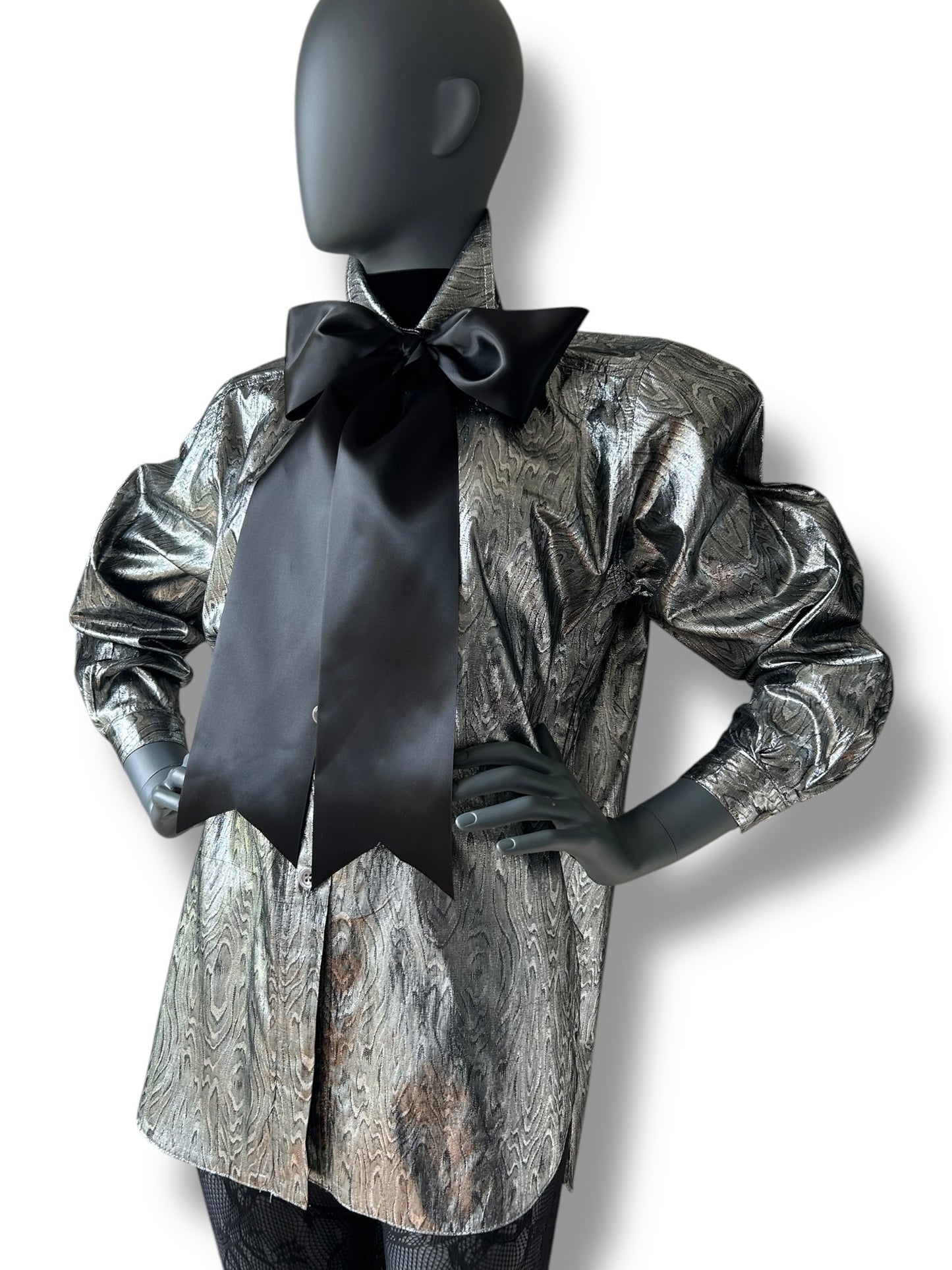 Vintage 1980s Silver Lamé Cocktail Shirt and Satin Bow