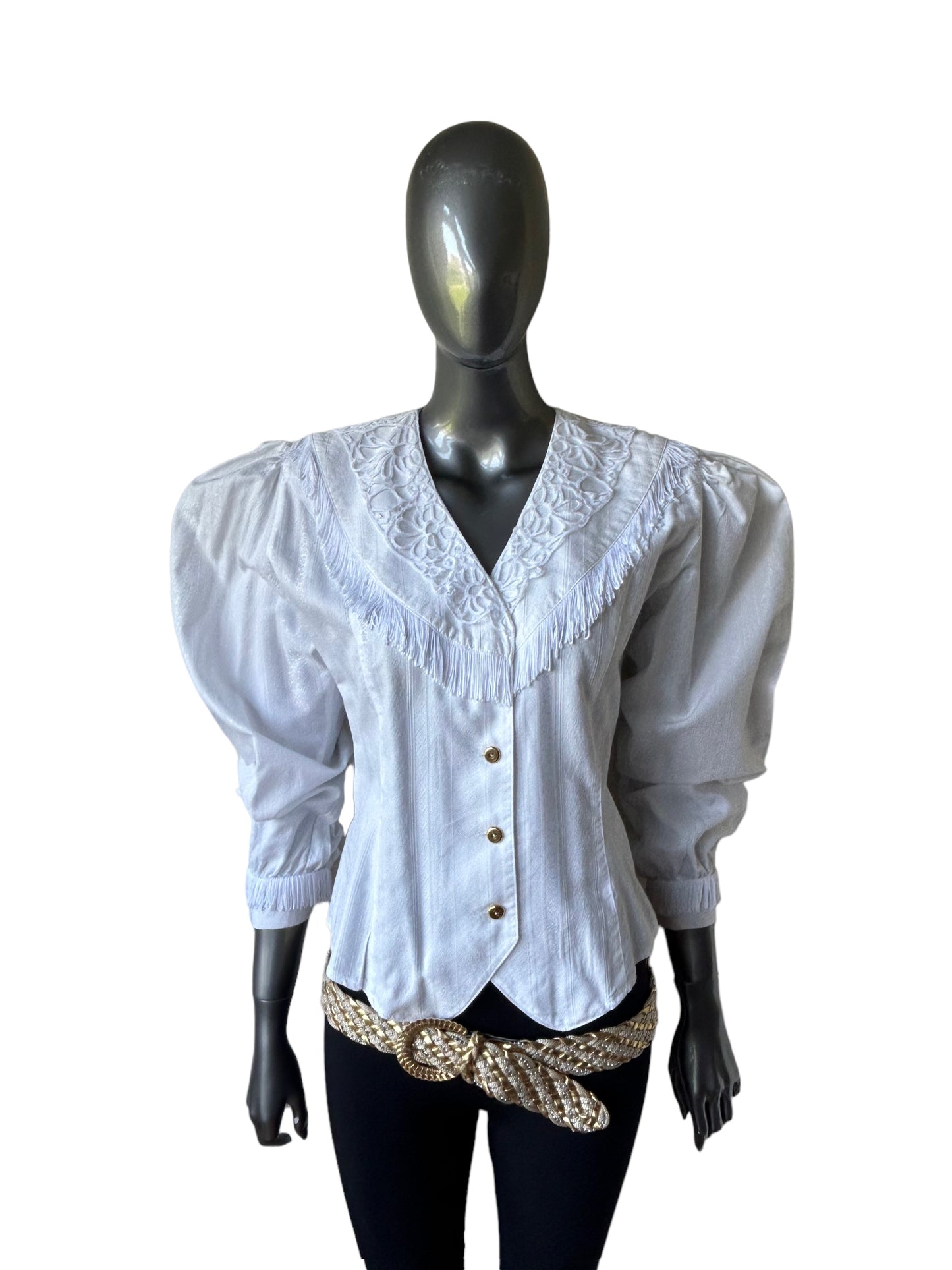 Vintage 1980s Western Cotton Jacquard Blouse with fringe