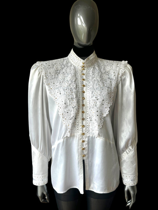 Vintage 1980s White Satin Aurora Borealis Button Statement Shirt