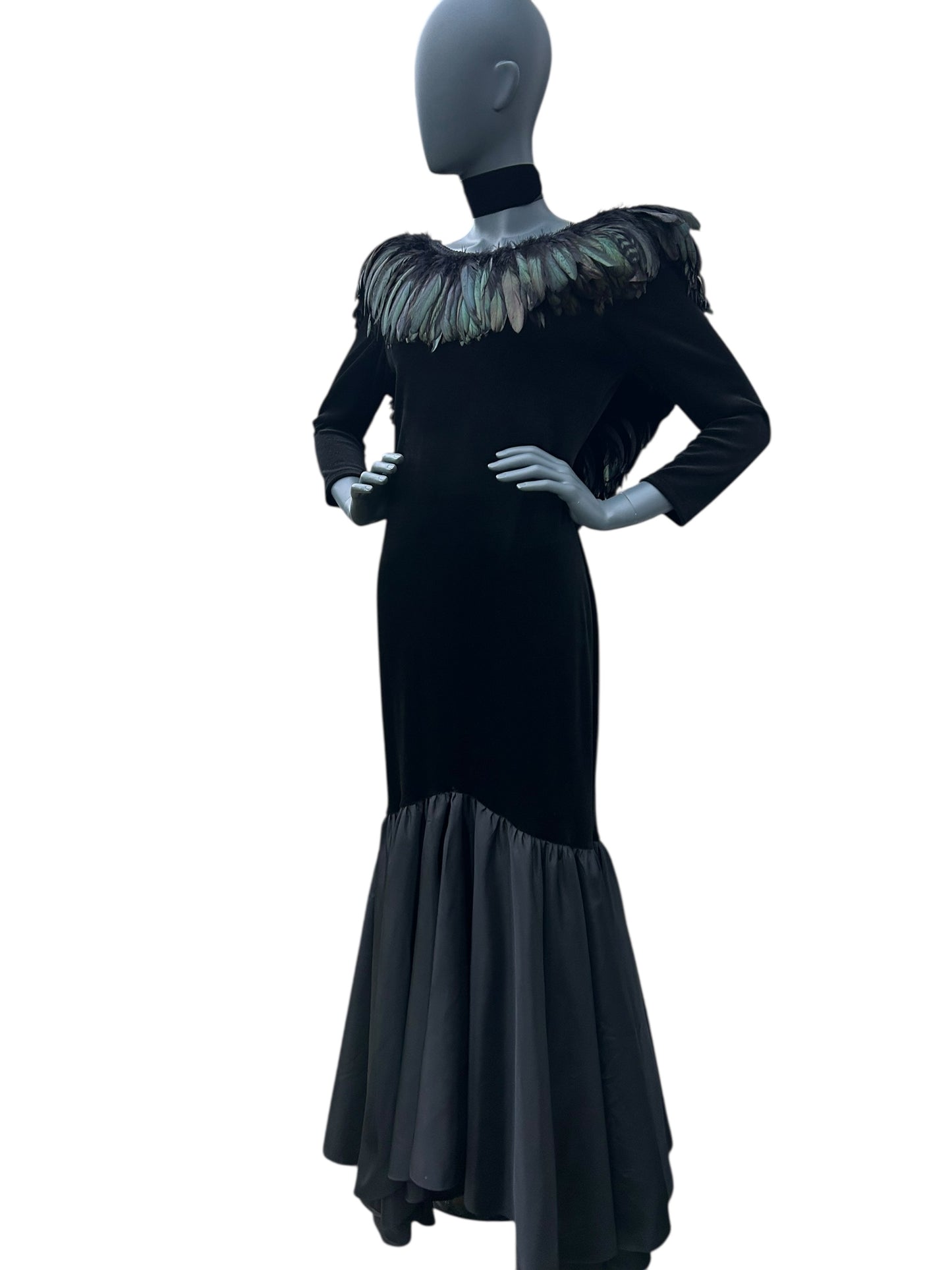 Vintage 1980s Ann Green Velvet and taffeta feather collar dress.