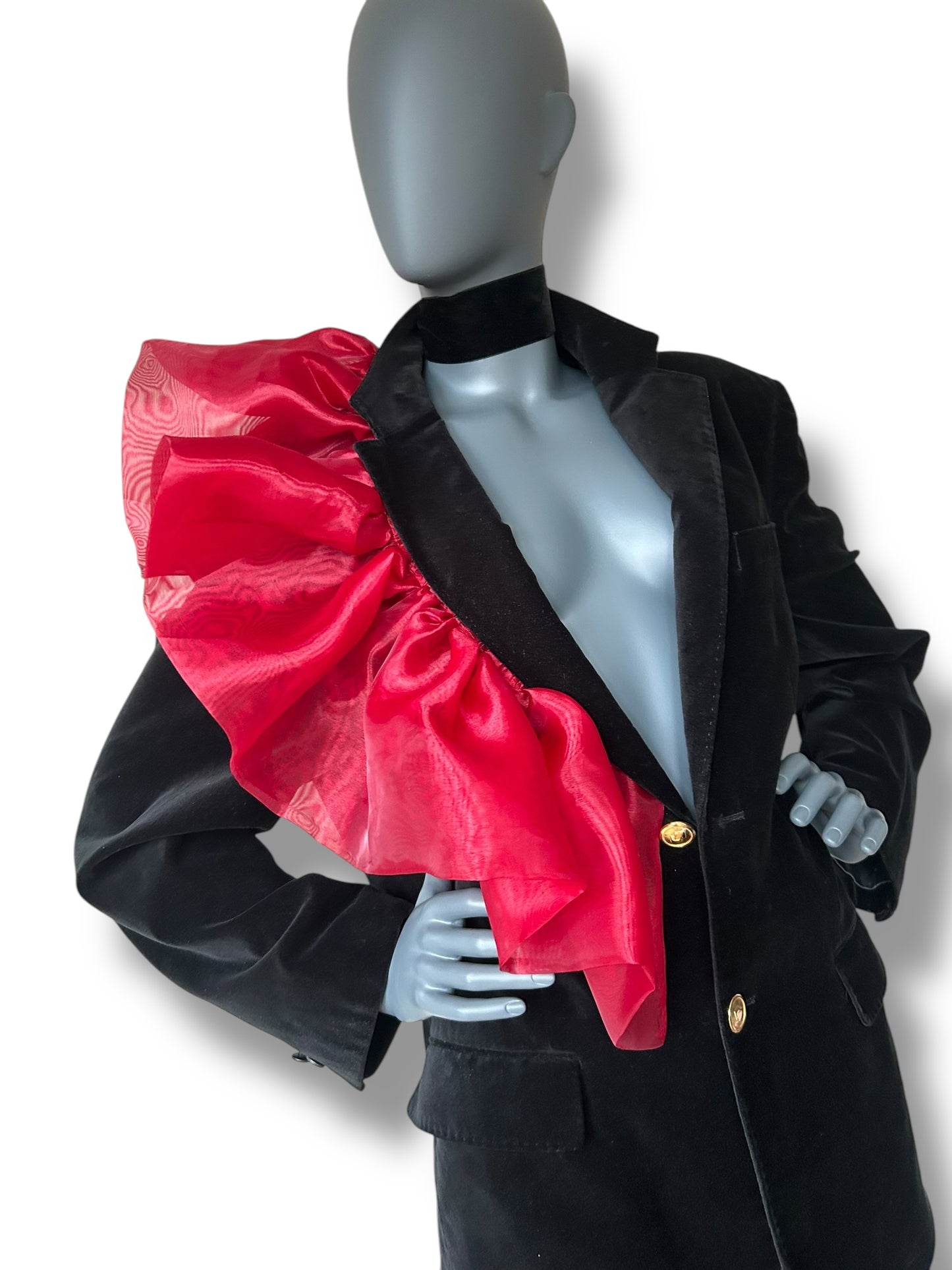 OVerdress Redefined Vintage Tuxedo Blazer and Silk Gold Lamé Dramatic Couture Ruffle