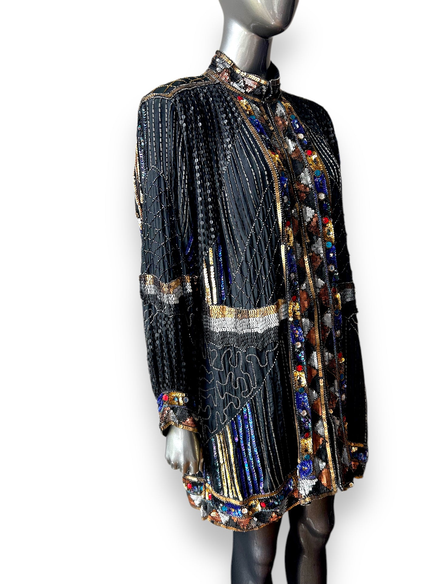 Vintage 1980s Frank Usher Art Deco Sequin Embellished Ornamental Cocktail Statement Jacket