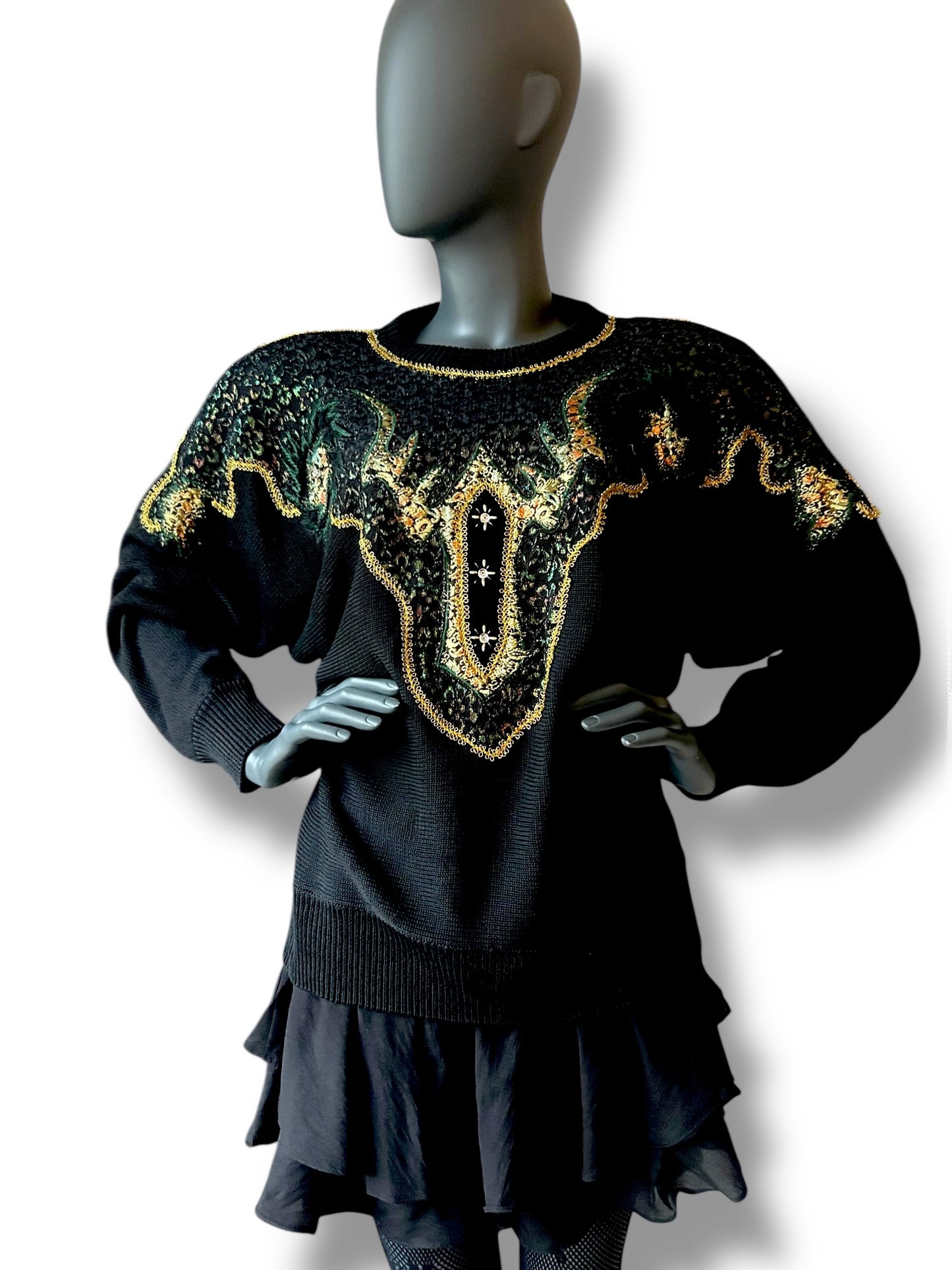Vintage 1980s Avant Garde New Wave Jumper Gold and Diamond Applique Jumper