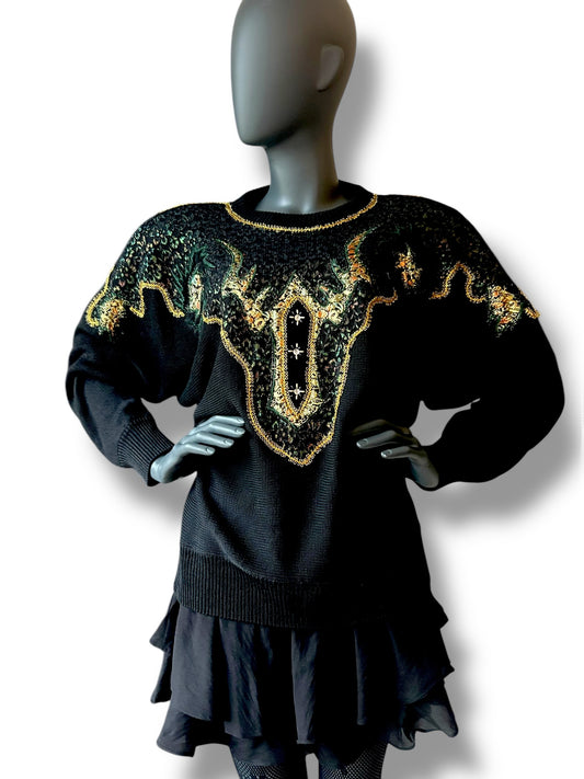 Vintage 1980s Avant Garde New Wave Jumper Gold and Diamond Applique Jumper