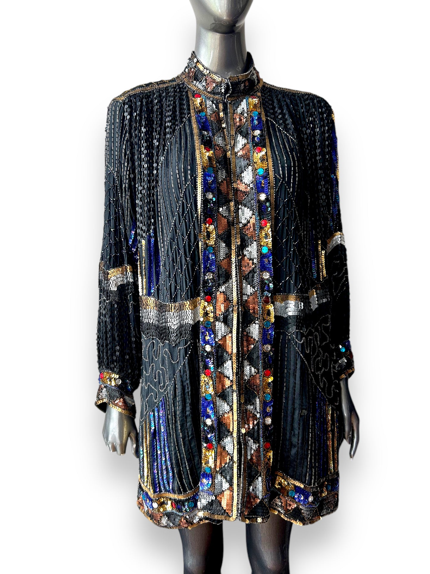 Vintage 1980s Frank Usher Art Deco Sequin Embellished Ornamental Cocktail Statement Jacket