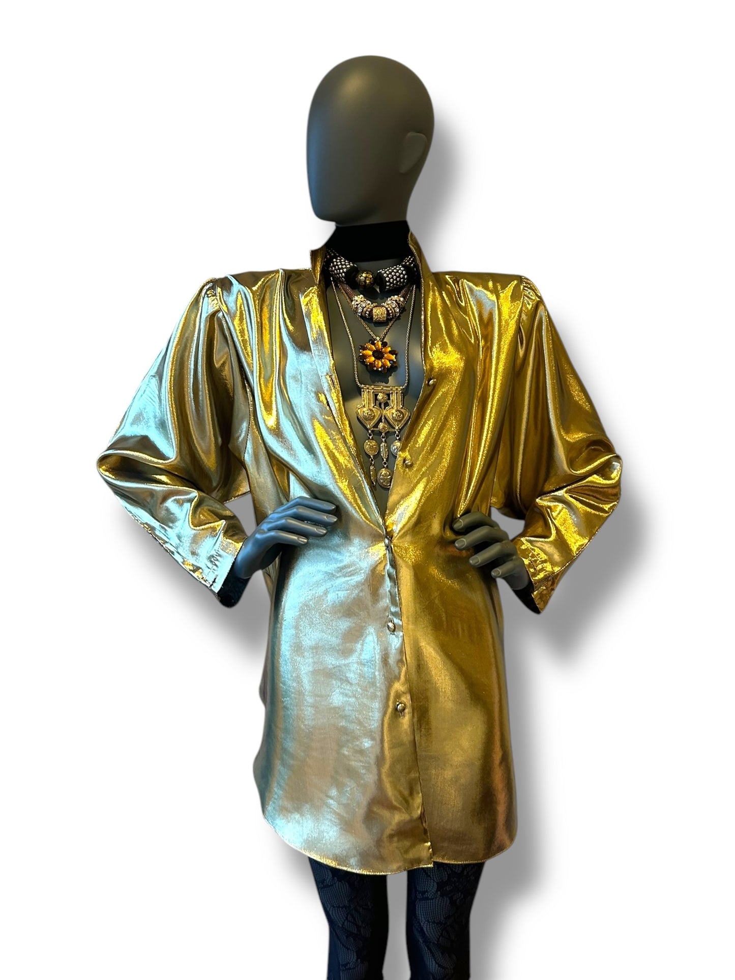 Vintage 1980s Gold Lamé Shirt Dress