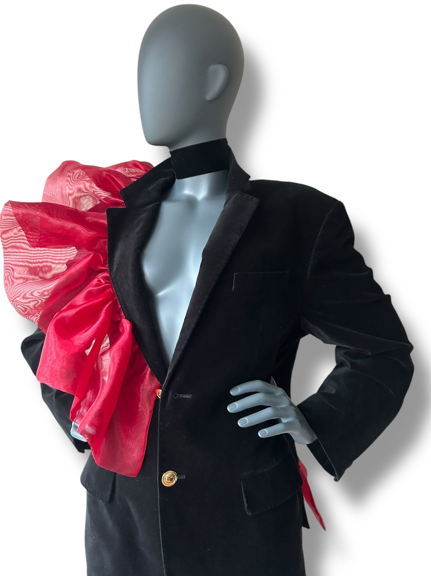 OVerdress Redefined Vintage Tuxedo Blazer and Silk Gold Lamé Dramatic Couture Ruffle