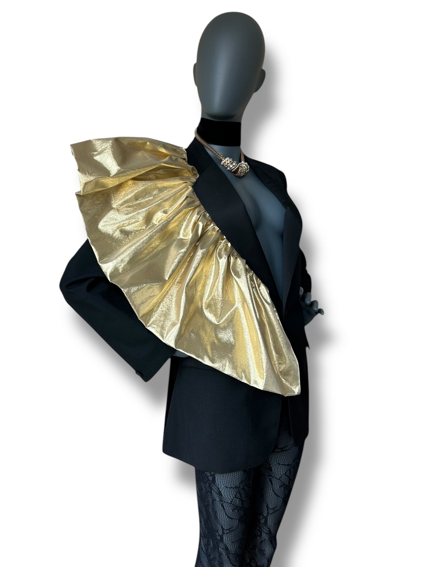 Redefined Vintage Tuxedo Blazer and Silk Gold Lamé Dramatic Couture Ruffle