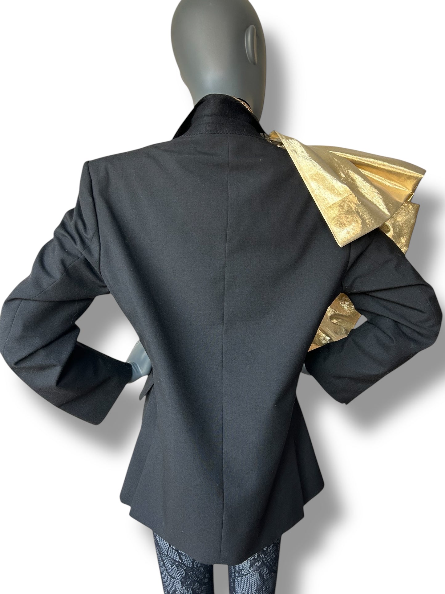 Redefined Vintage Tuxedo Blazer and Silk Gold Lamé Dramatic Couture Ruffle