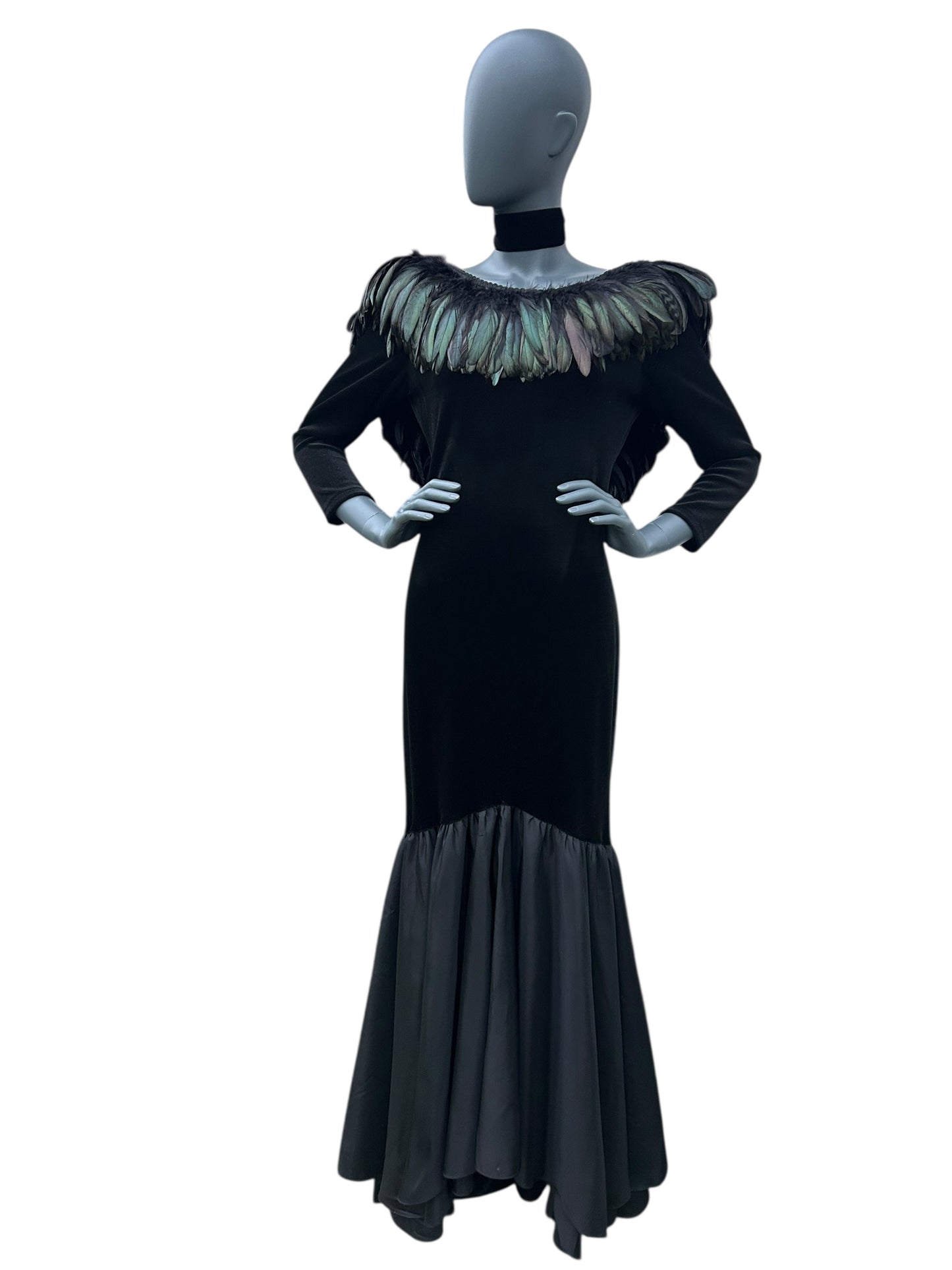 Vintage 1980s Ann Green Velvet and taffeta feather collar dress.