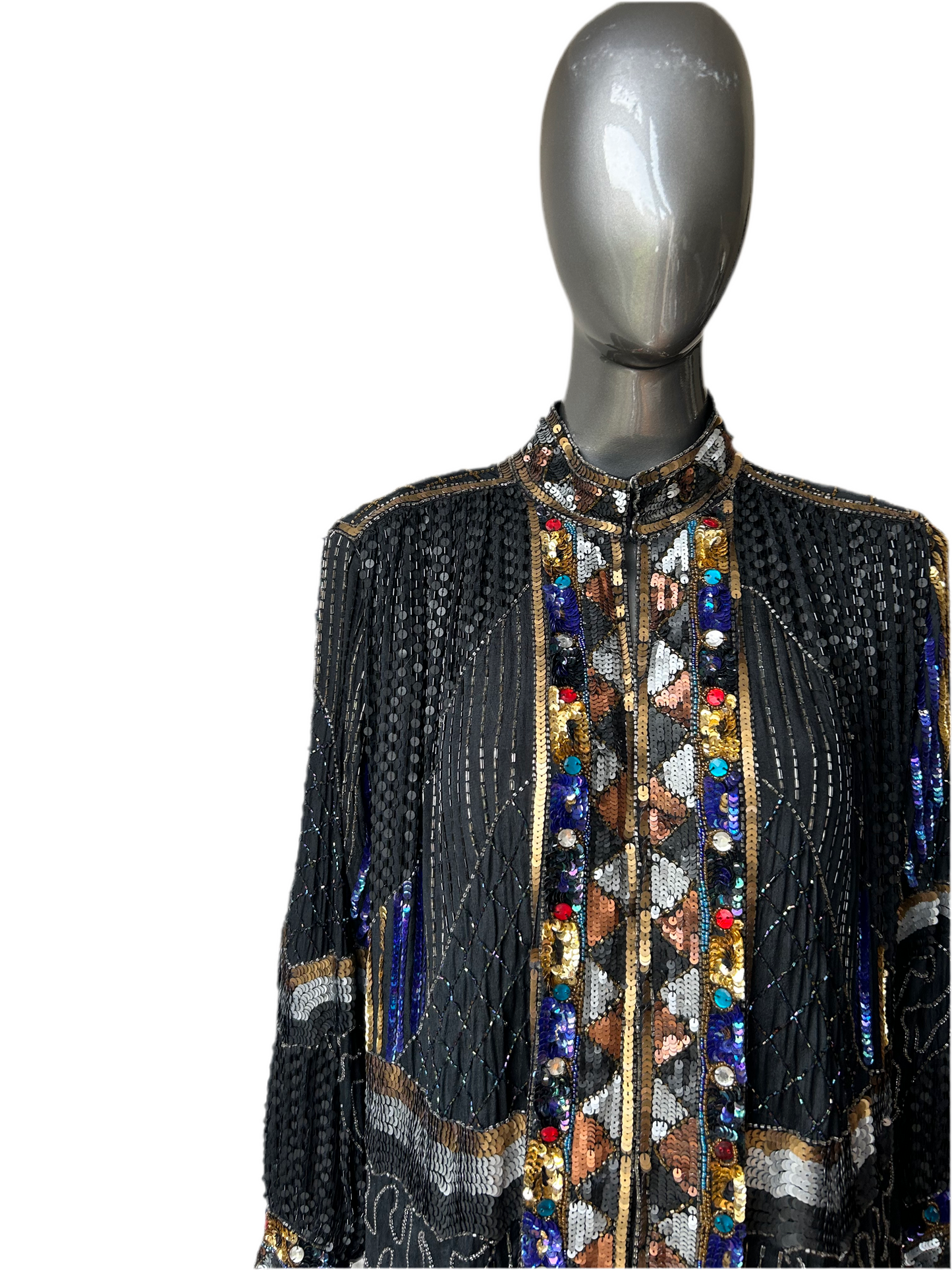 Vintage 1980s Frank Usher Art Deco Sequin Embellished Ornamental Cocktail Statement Jacket