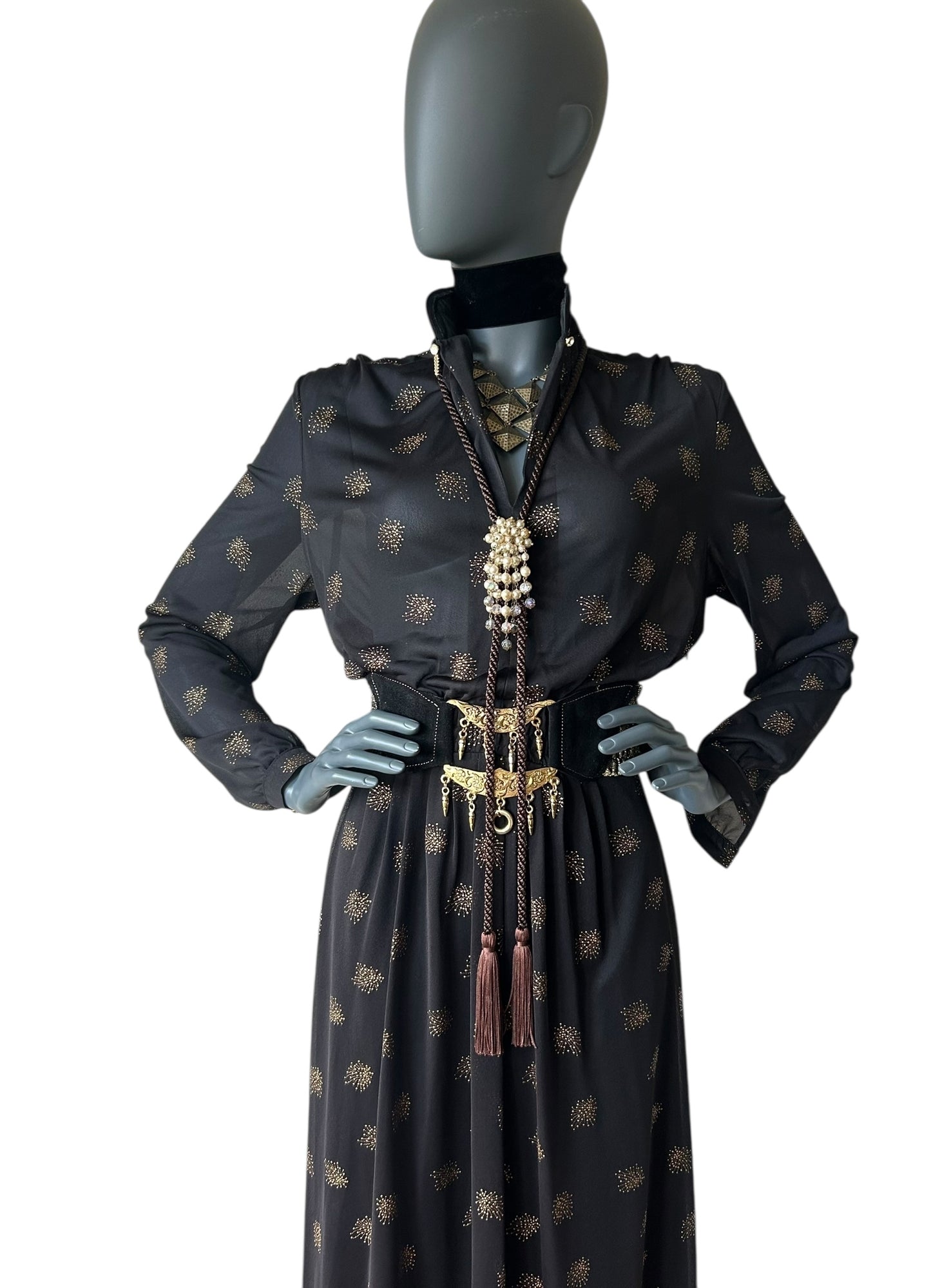 Vintage 1970s Bronze and Black  Boho Maxi Dress