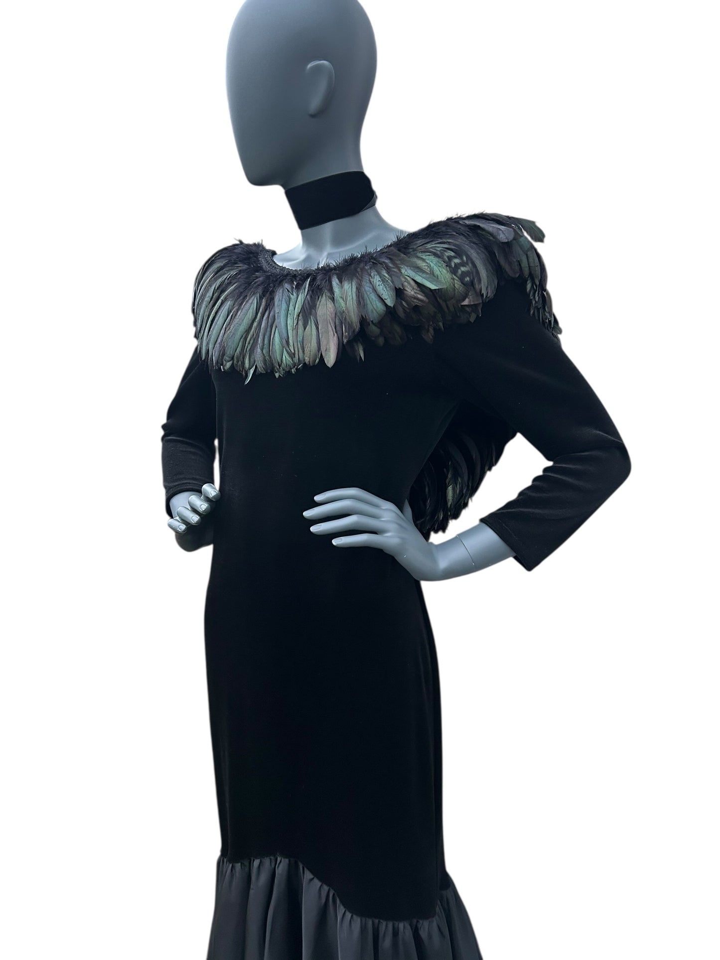 Vintage 1980s Ann Green Velvet and taffeta feather collar dress.