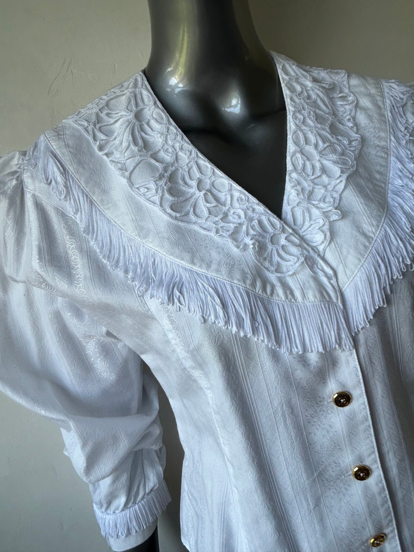 Vintage 1980s Western Cotton Jacquard Blouse with fringe