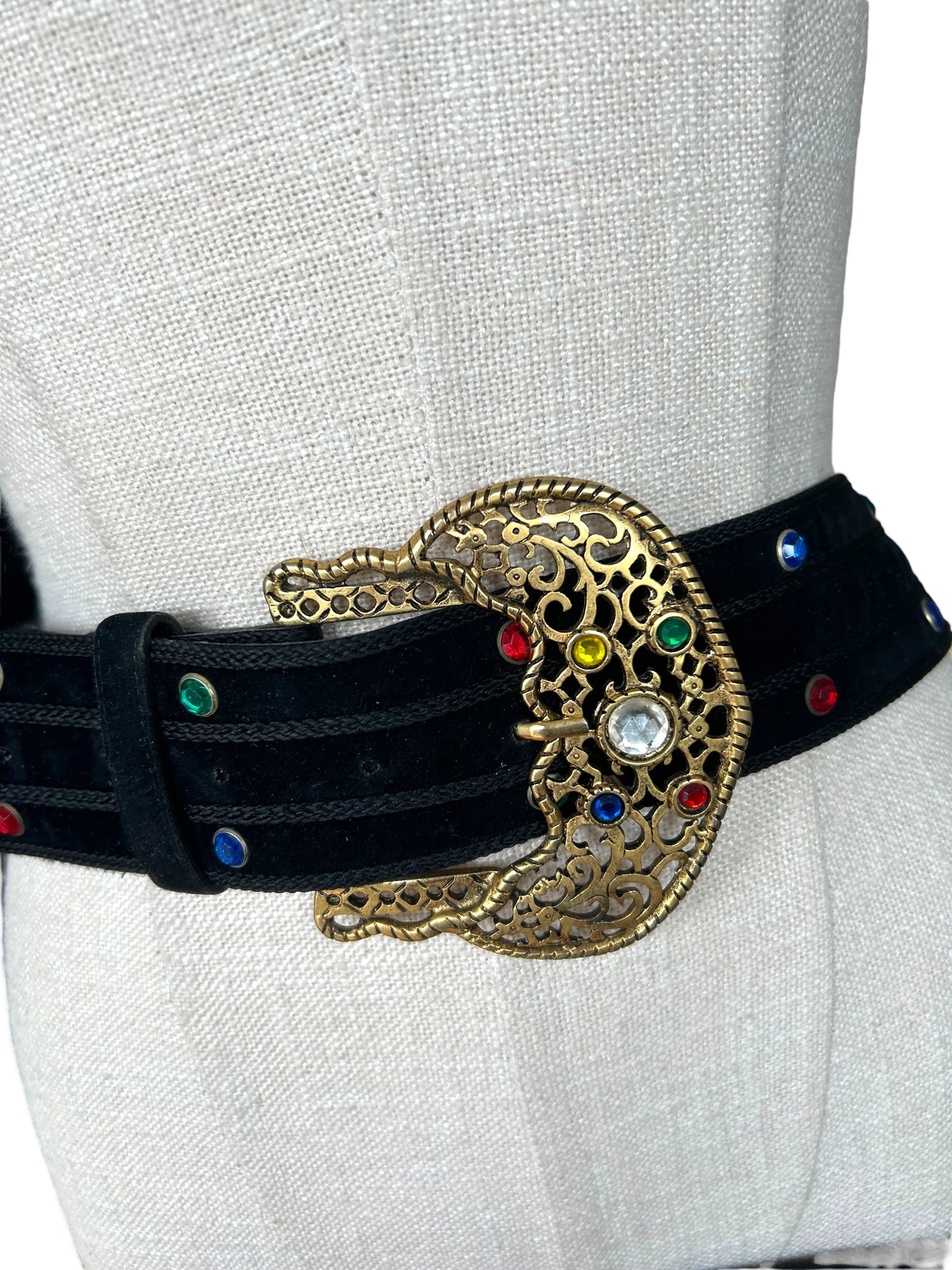 Vintage 1980s Oversized Wide Jewel Faux Suede Avant Garde Statement Belt