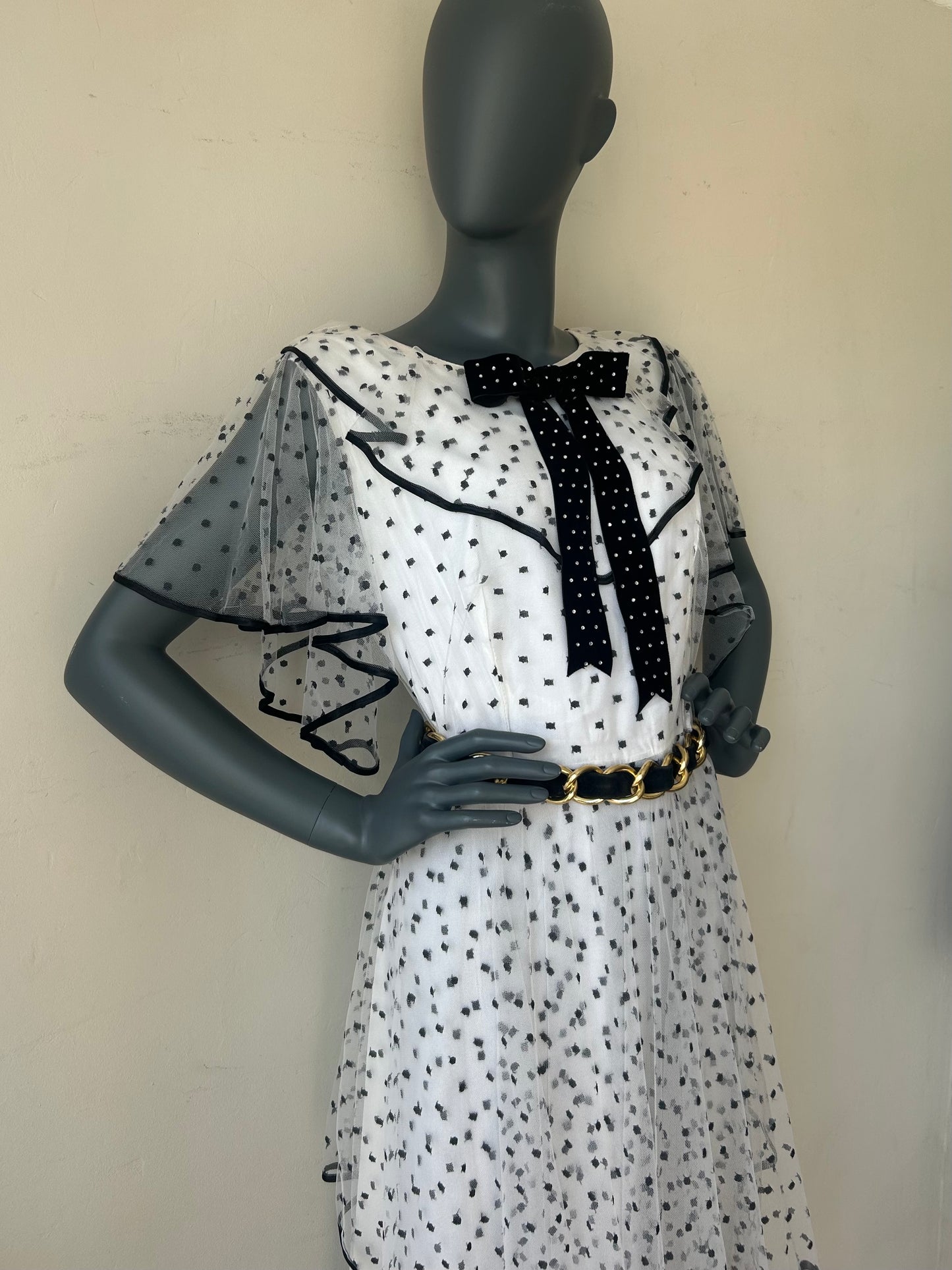 Vintage 1960s Black and White Polka Dot Mesh Dress