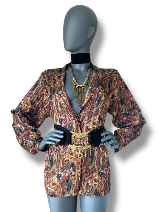 Vintage 1980s Bohemian Print Gold Lame thread blouse.