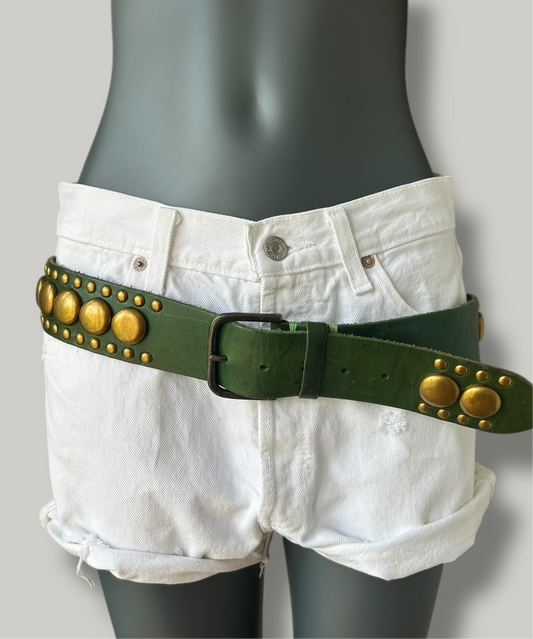 Vintage 1970s Green Leather Belt with Gold Stud Embellishment