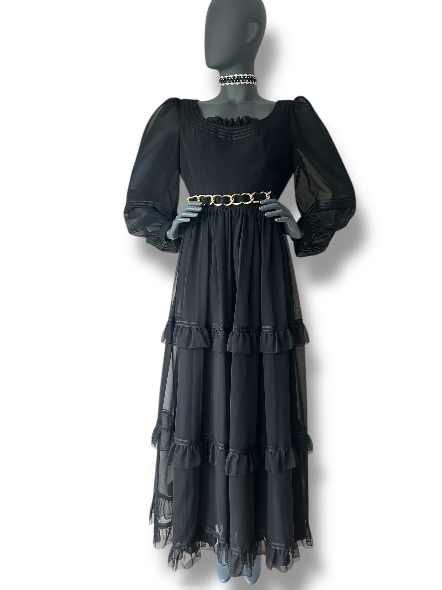 Vintage 1970s Silk Chiffon Ruffle Gown