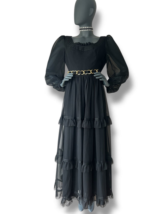 Vintage 1970s Silk Chiffon Ruffle Gown