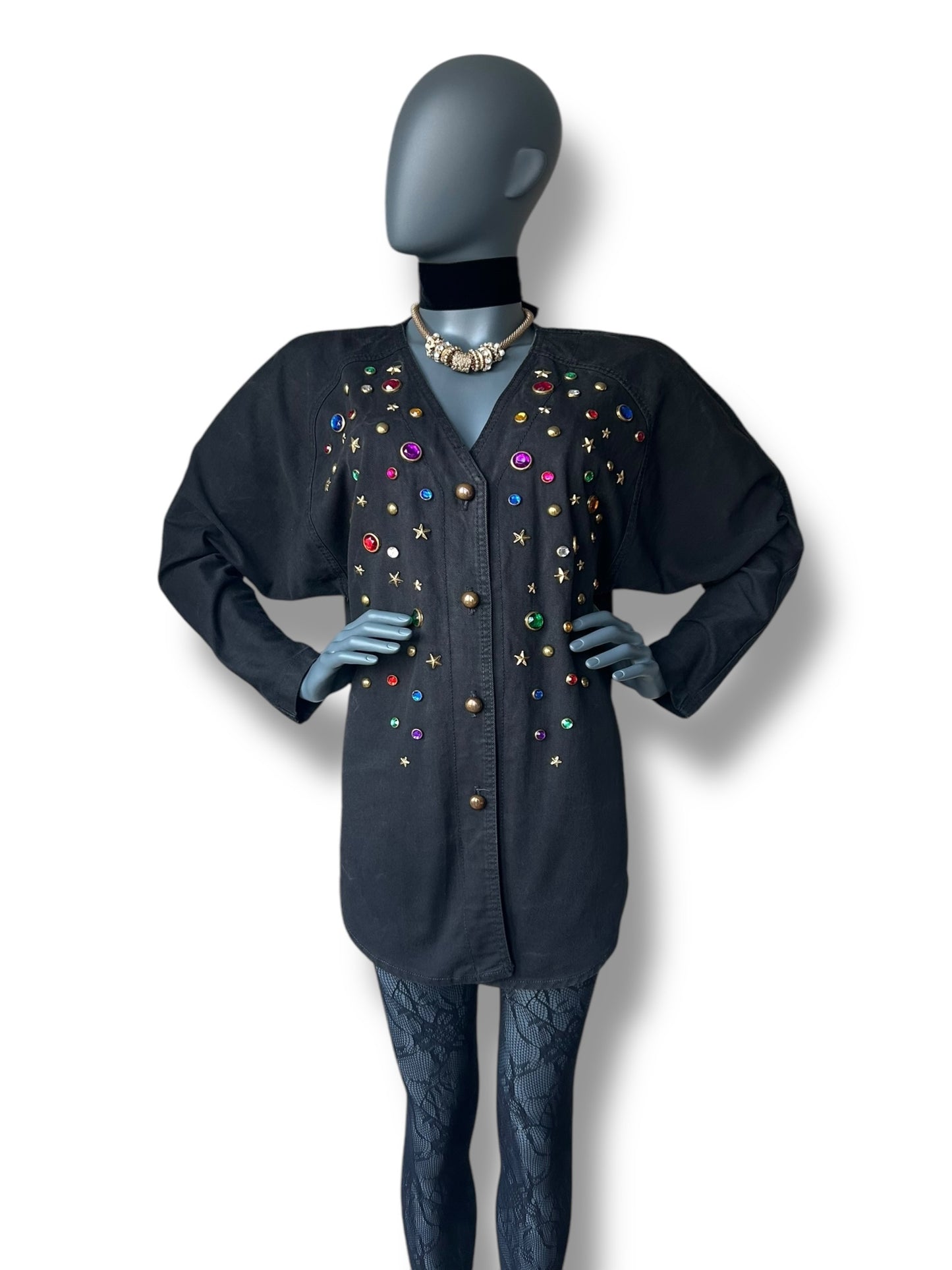 Vintage 80s Golden Jewel Black Denim Shirt Dress