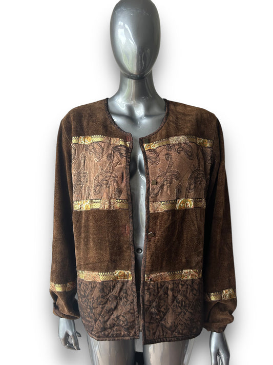 Vintage late 80s brown velour and gold brocade boho folk jacket