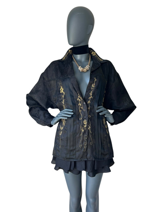 Vintage 1980s Black and Gold Embroidered Jewel Boho Shirt