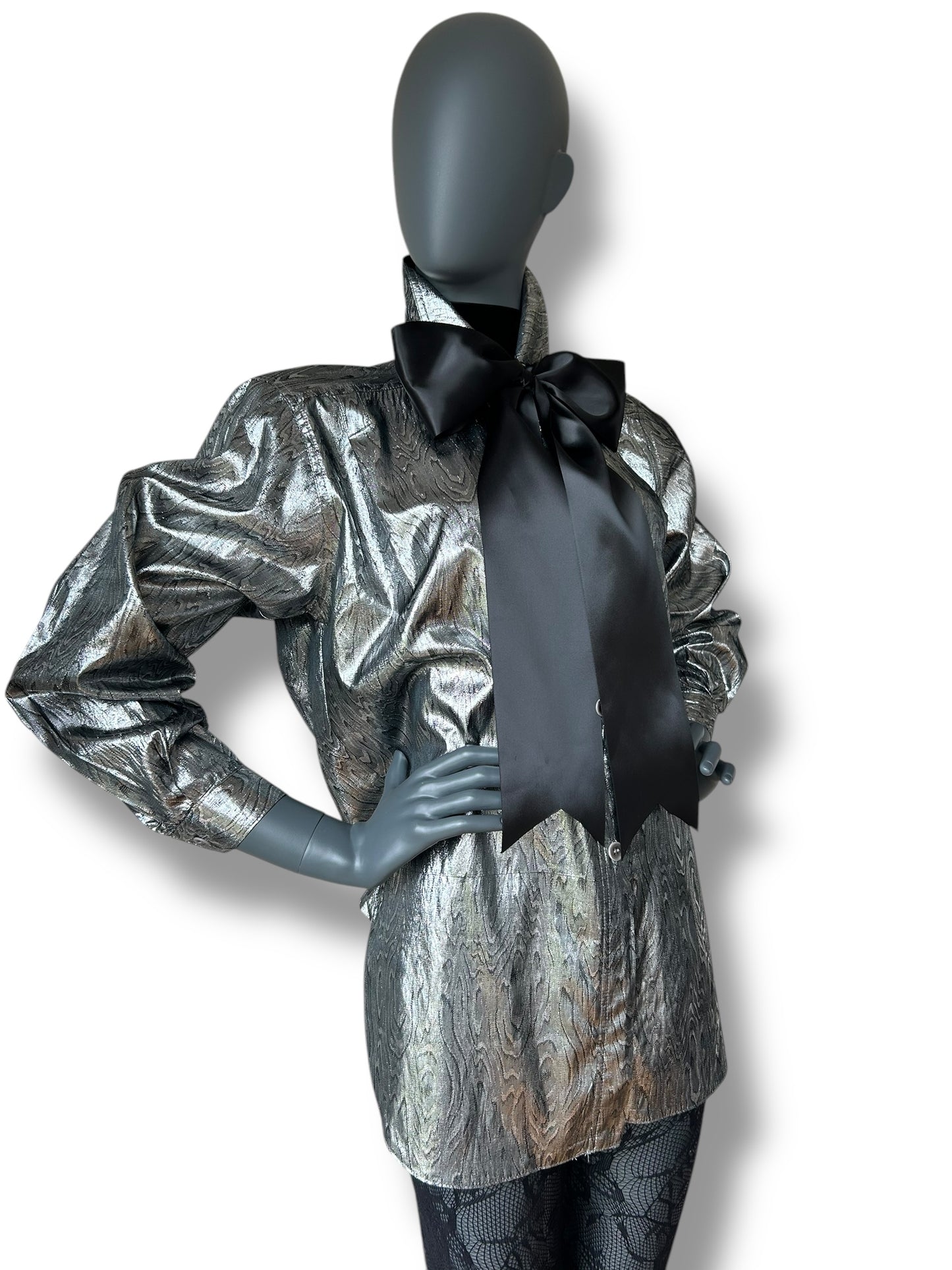 Vintage 1980s Silver Lamé Cocktail Shirt and Satin Bow